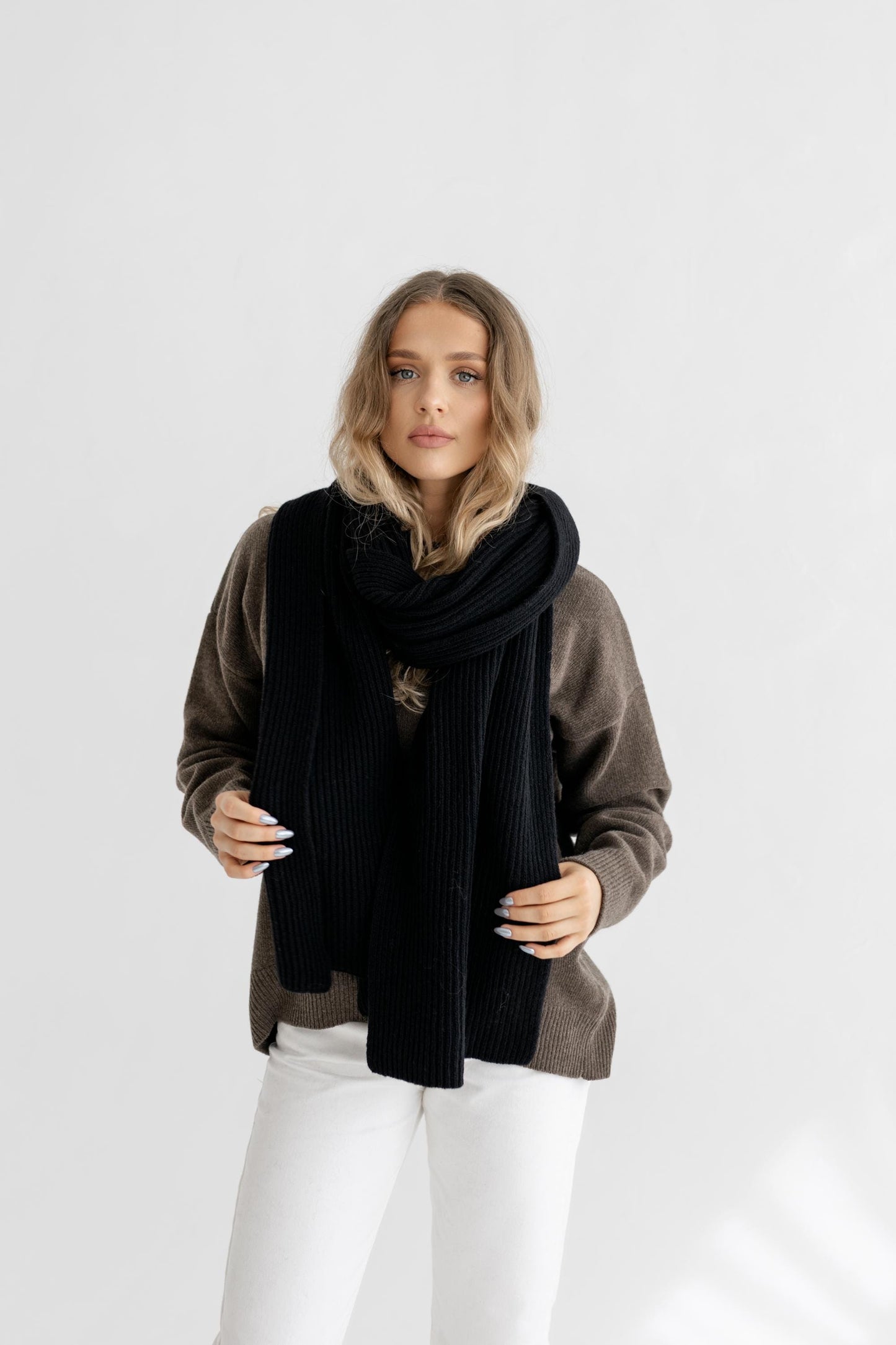 Beige Knitted Merino Wool Ribbed XXL Women's Scarf