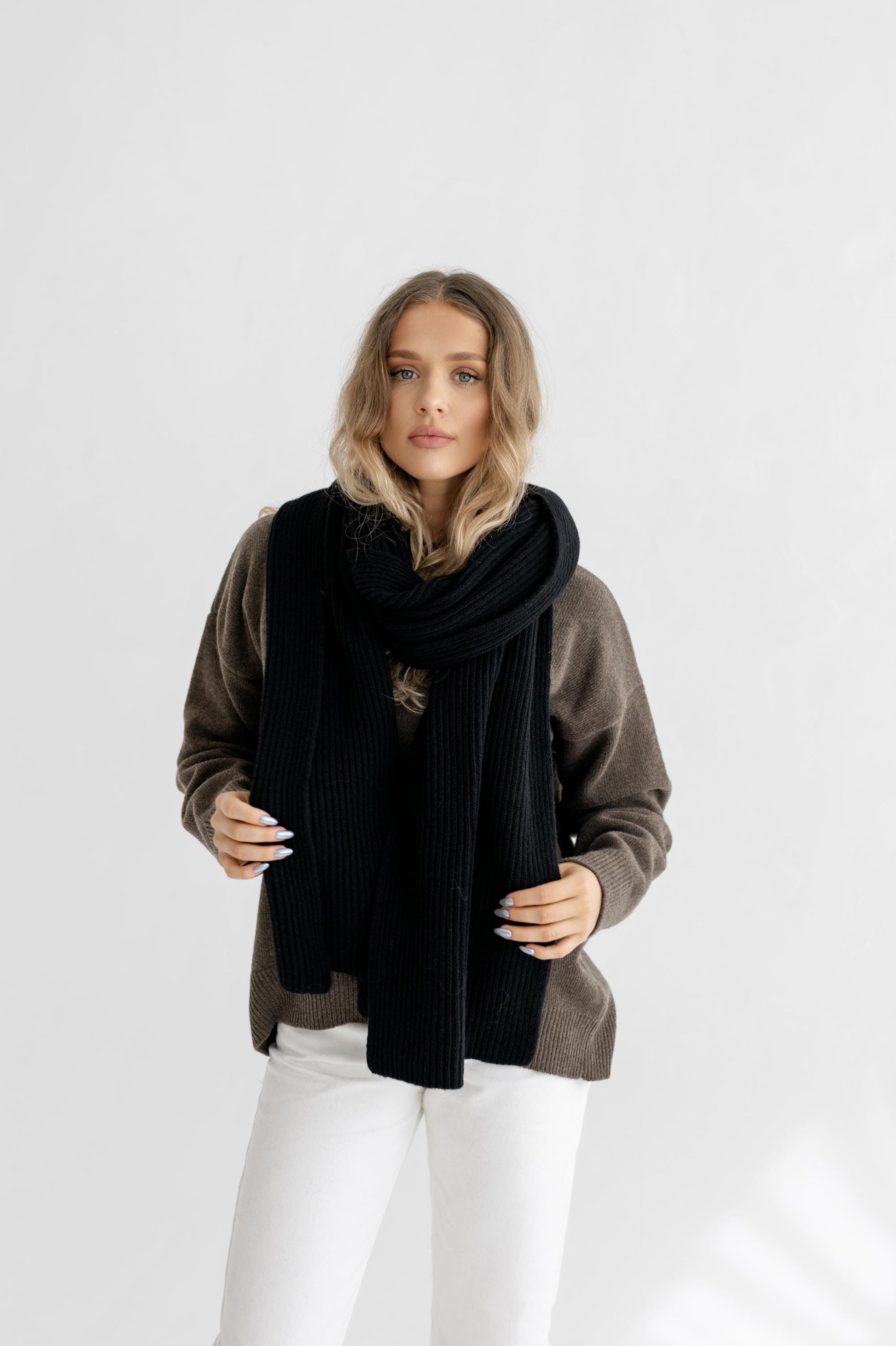 Beige Knitted Merino Wool Ribbed XXL Women's Scarf