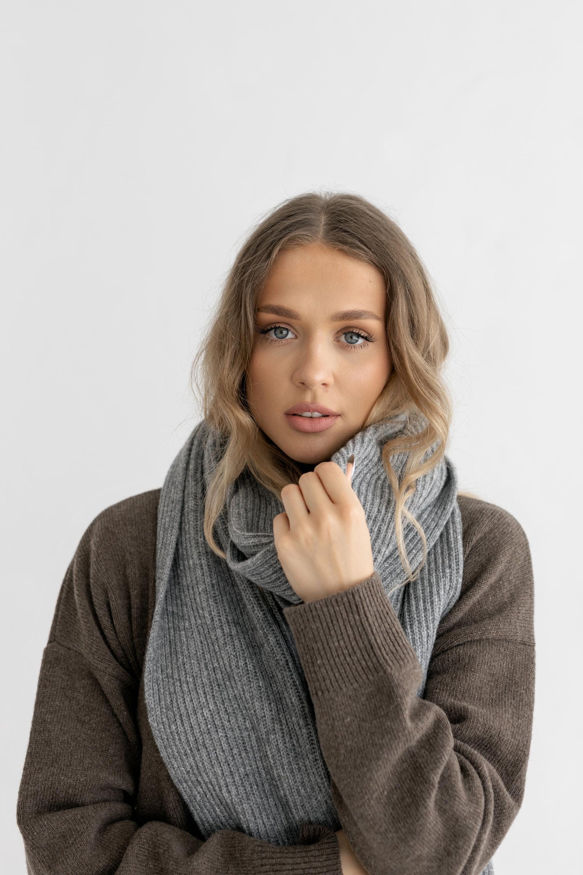 Beige Knitted Merino Wool Ribbed XXL Women's Scarf