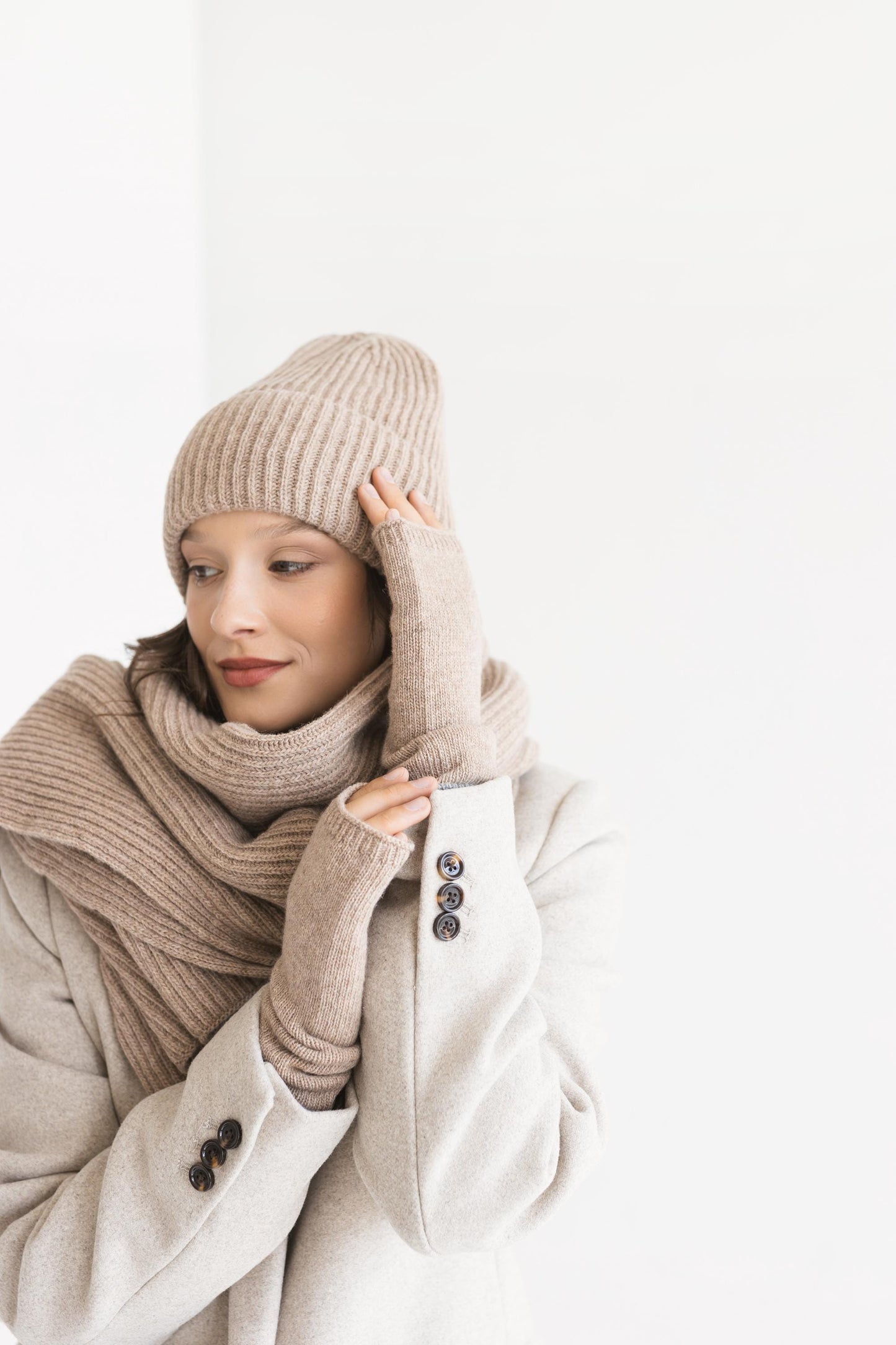 Beige Knitted Merino Wool Ribbed XXL Women's Scarf