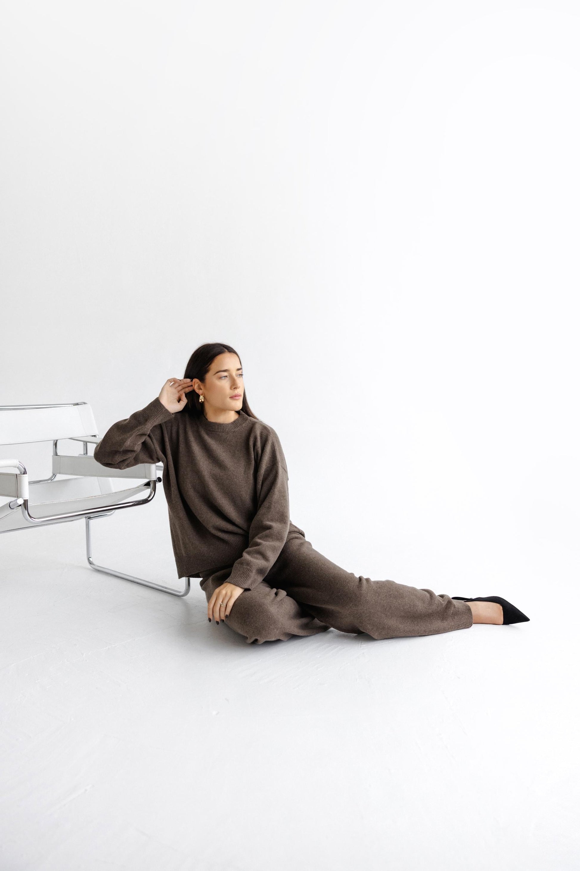 Brown Knitted High Waist Merino Wool Pants, Lougewear Relaxed Minimal Style Knit Wide Leg Women's Trousers, Petite And Tall Options Availabe
