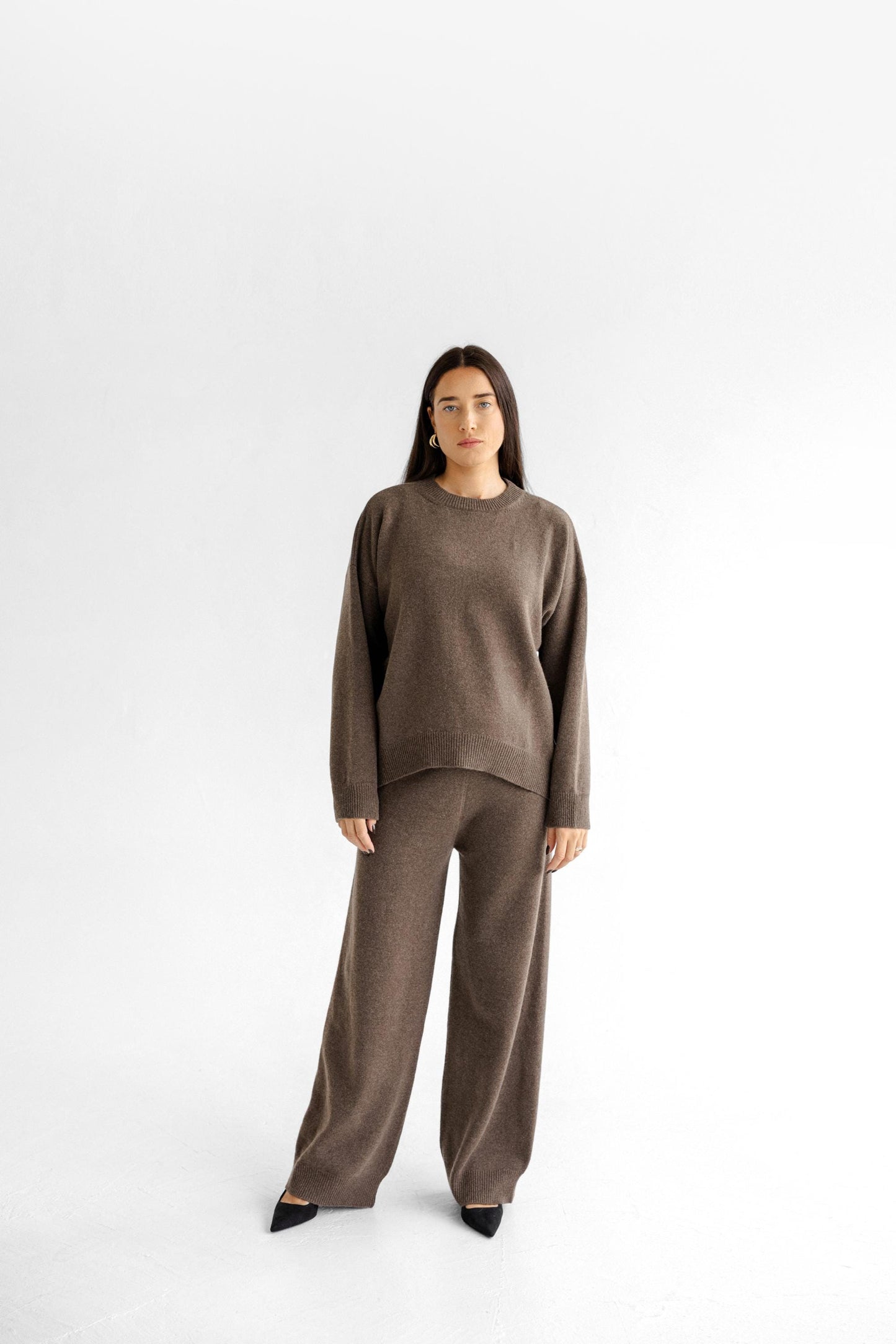Brown Knitted High Waist Merino Wool Pants, Lougewear Relaxed Minimal Style Knit Wide Leg Women's Trousers, Petite And Tall Options Availabe