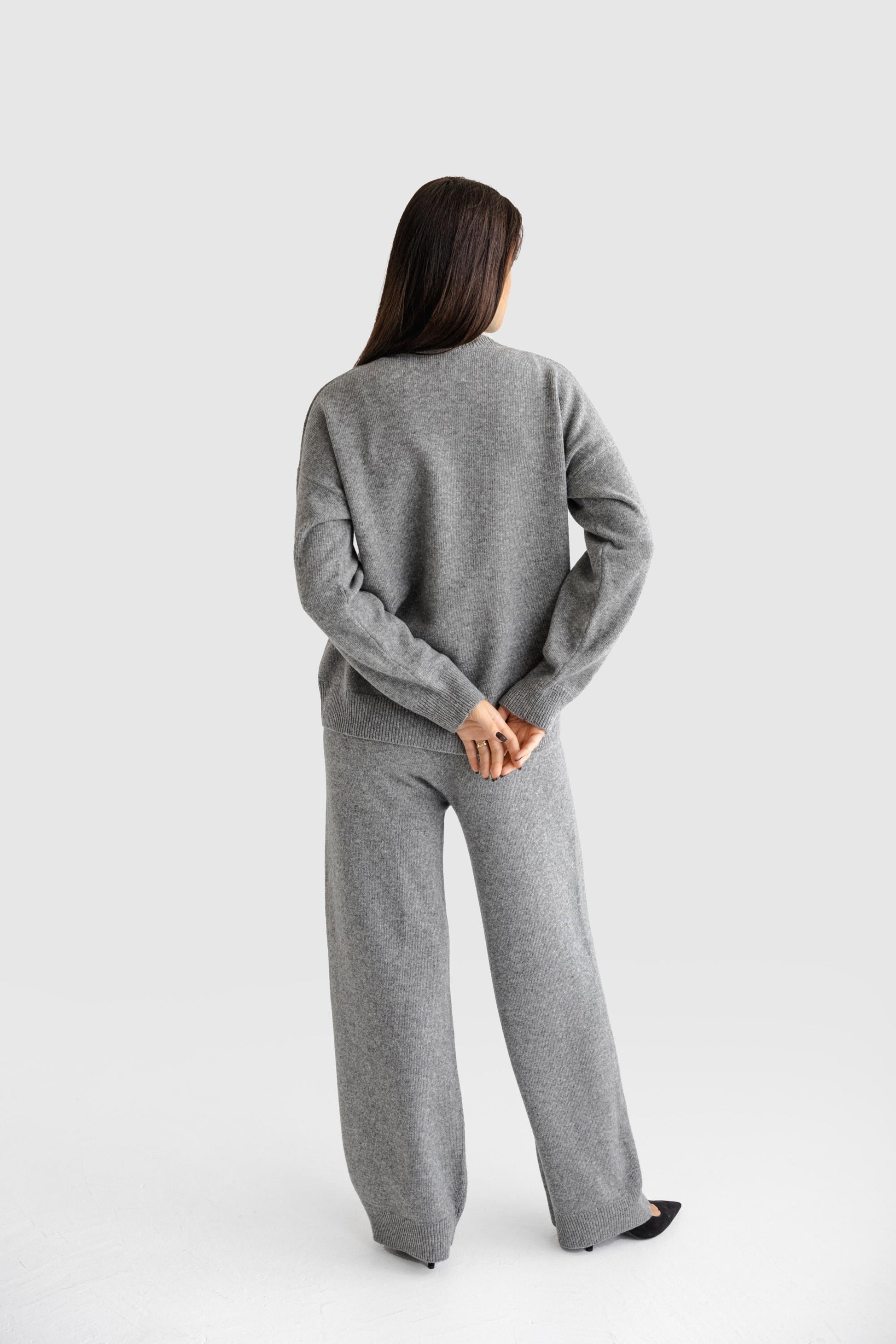Gray Knitted High Waist Merino Wool Pants, Lougewear Relaxed Minimal Style Knit Wide Leg Women's Trousers, Petite And Tall Options Availabe