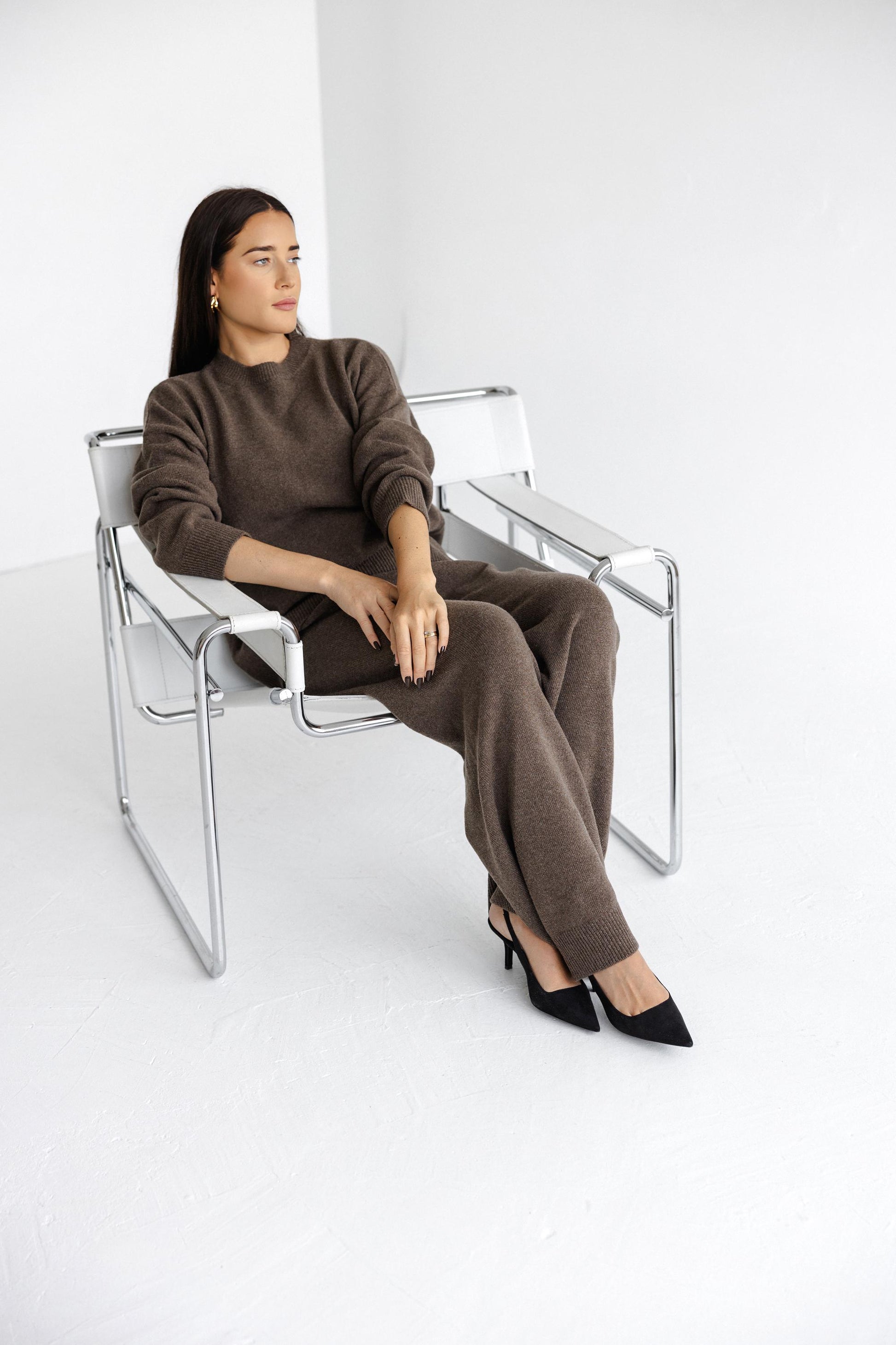 Brown Knitted High Waist Merino Wool Pants, Lougewear Relaxed Minimal Style Knit Wide Leg Women's Trousers, Petite And Tall Options Availabe