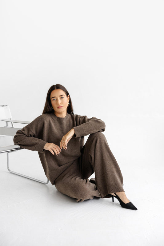 Brown Knitted High Waist Merino Wool Pants, Lougewear Relaxed Minimal Style Knit Wide Leg Women's Trousers, Petite And Tall Options Availabe