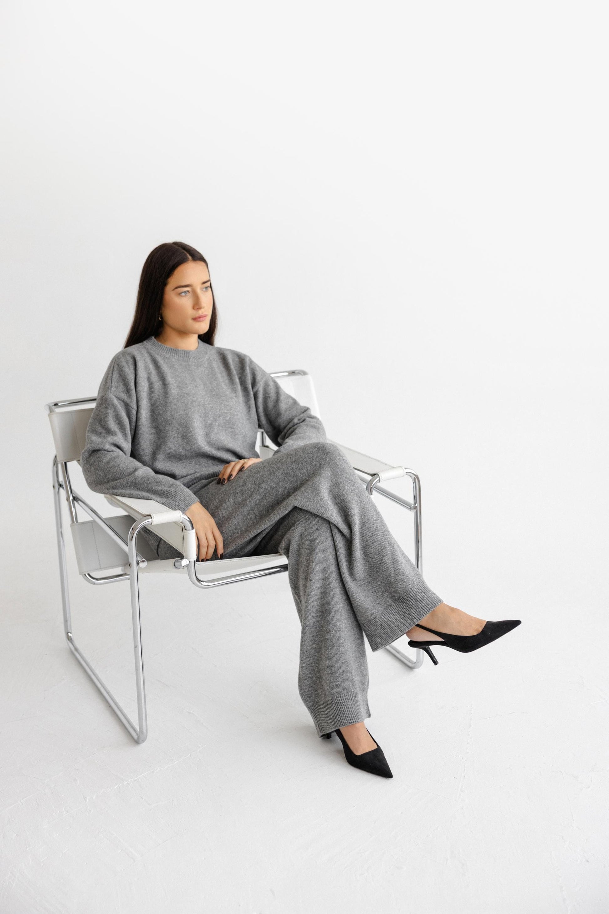 Gray knitted merino wool sweater and trousers set for women, light grey women's knit minimal lounge pullover and pants, camel loungewear