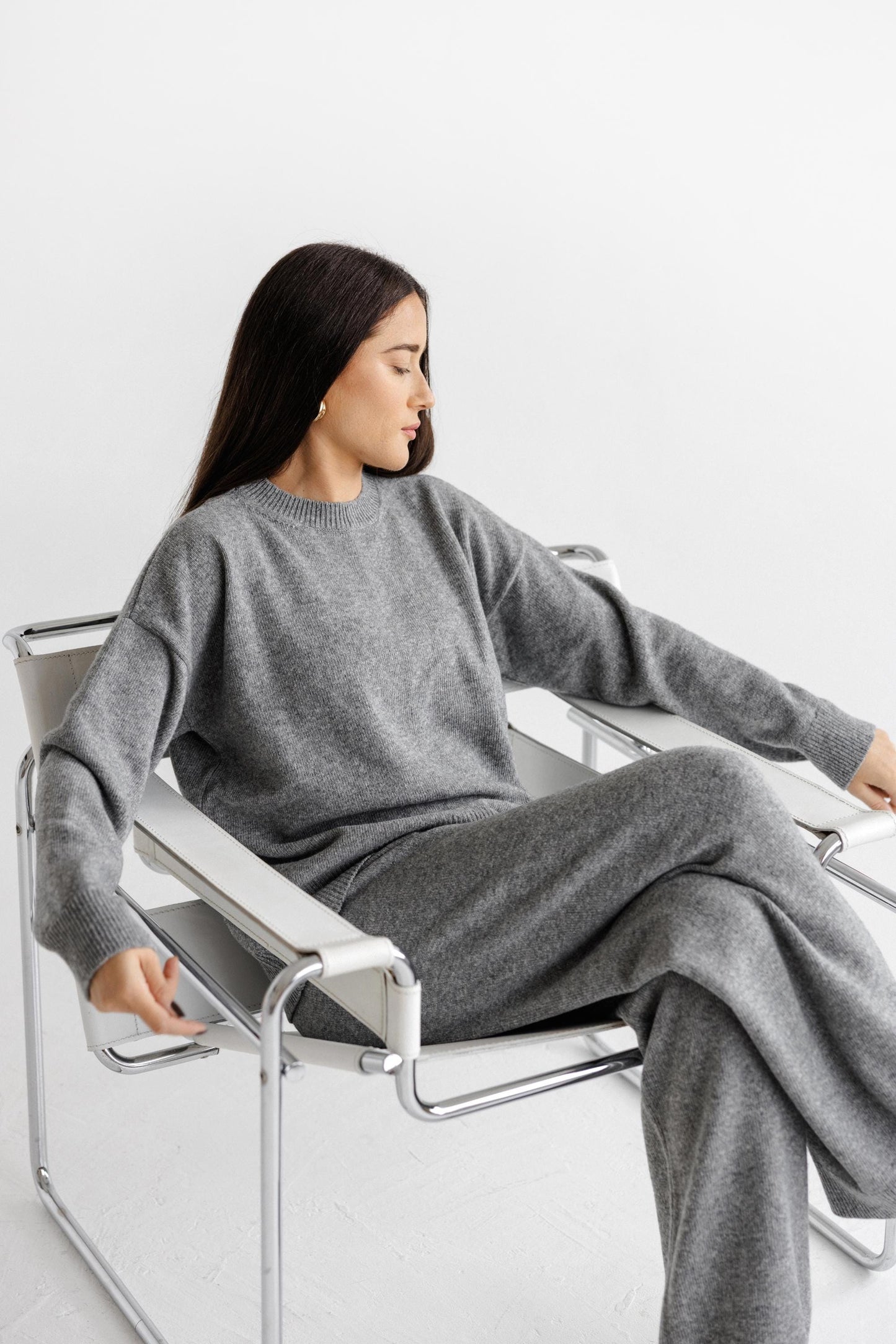 Gray knitted merino wool sweater and trousers set for women, light grey women's knit minimal lounge pullover and pants, camel loungewear