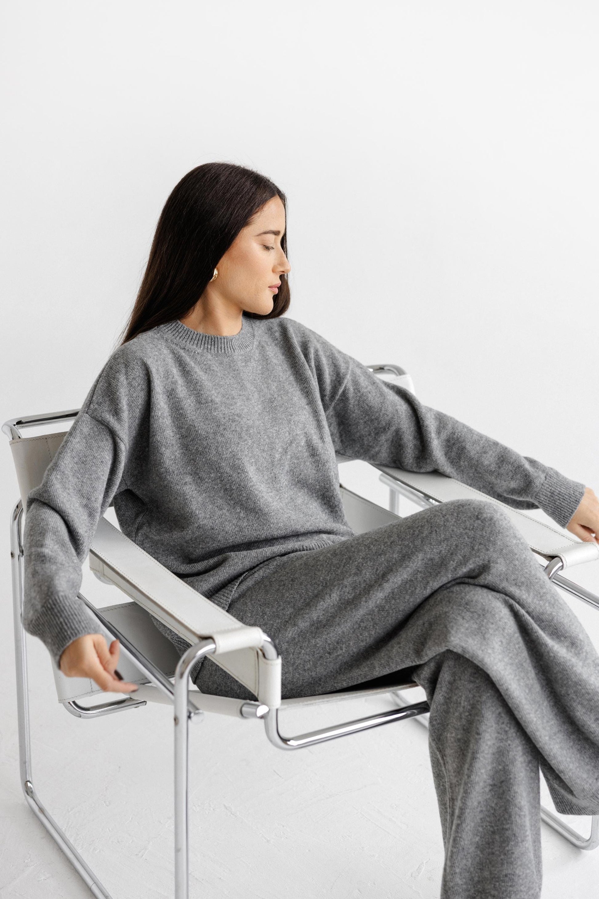 Gray knitted merino wool sweater and trousers set for women, light grey women's knit minimal lounge pullover and pants, camel loungewear