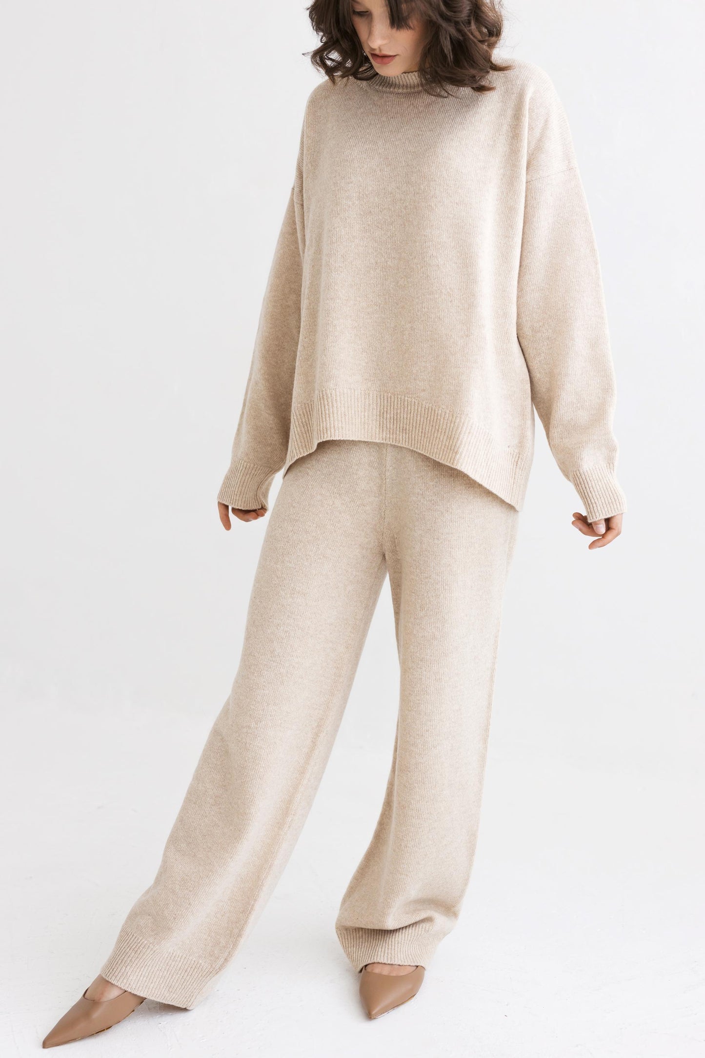Gray loungewear knitted merino wool wide leg pants for women, grey lounge petite and tall knit high waisted women's trousers, relaxed fit