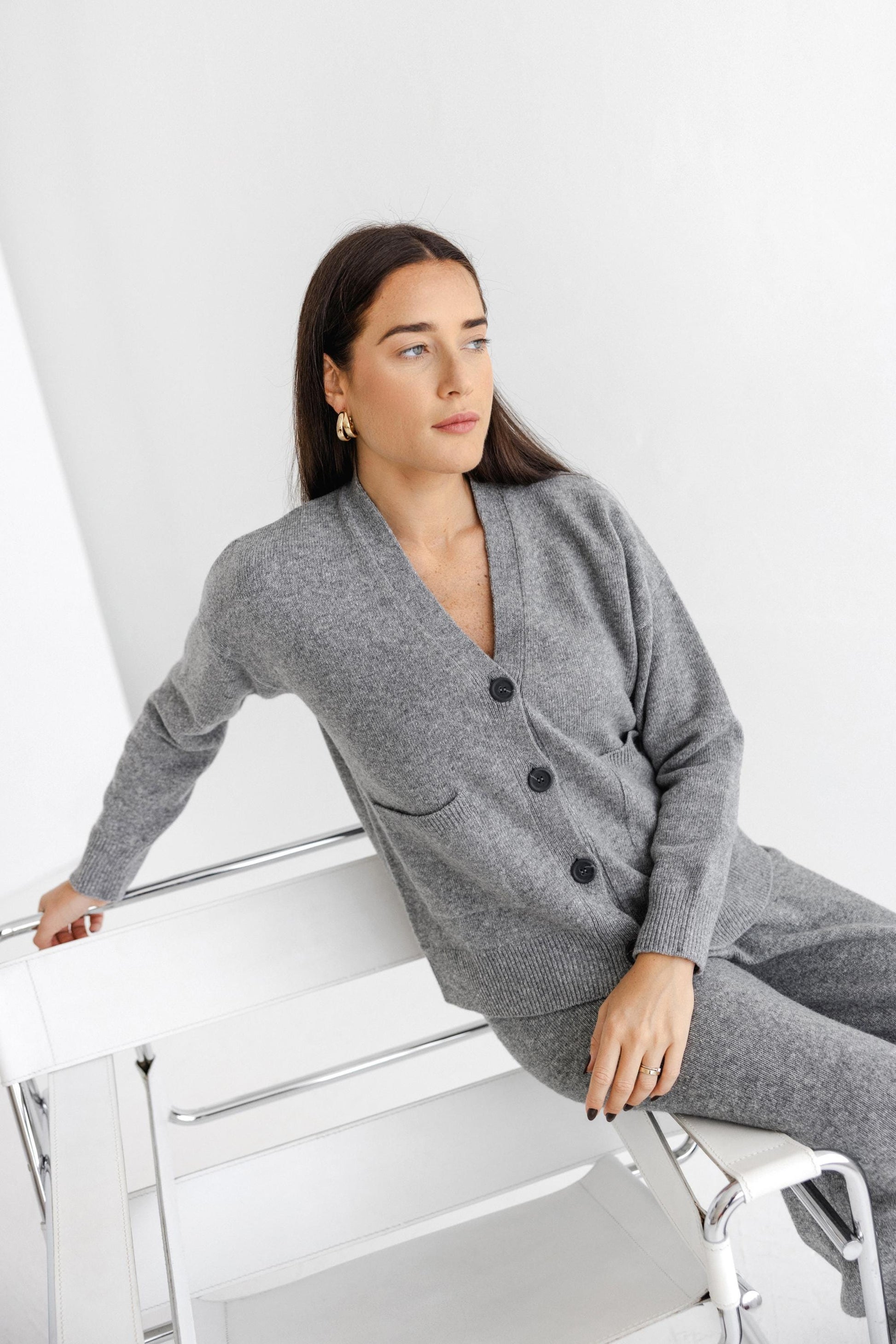Gray Knitted Merino Wool Cardigan And Trousers Set, Grey Buttoned Women's Knit Cardigan With Pockets And Pants Loungewear Set, Minimal Style