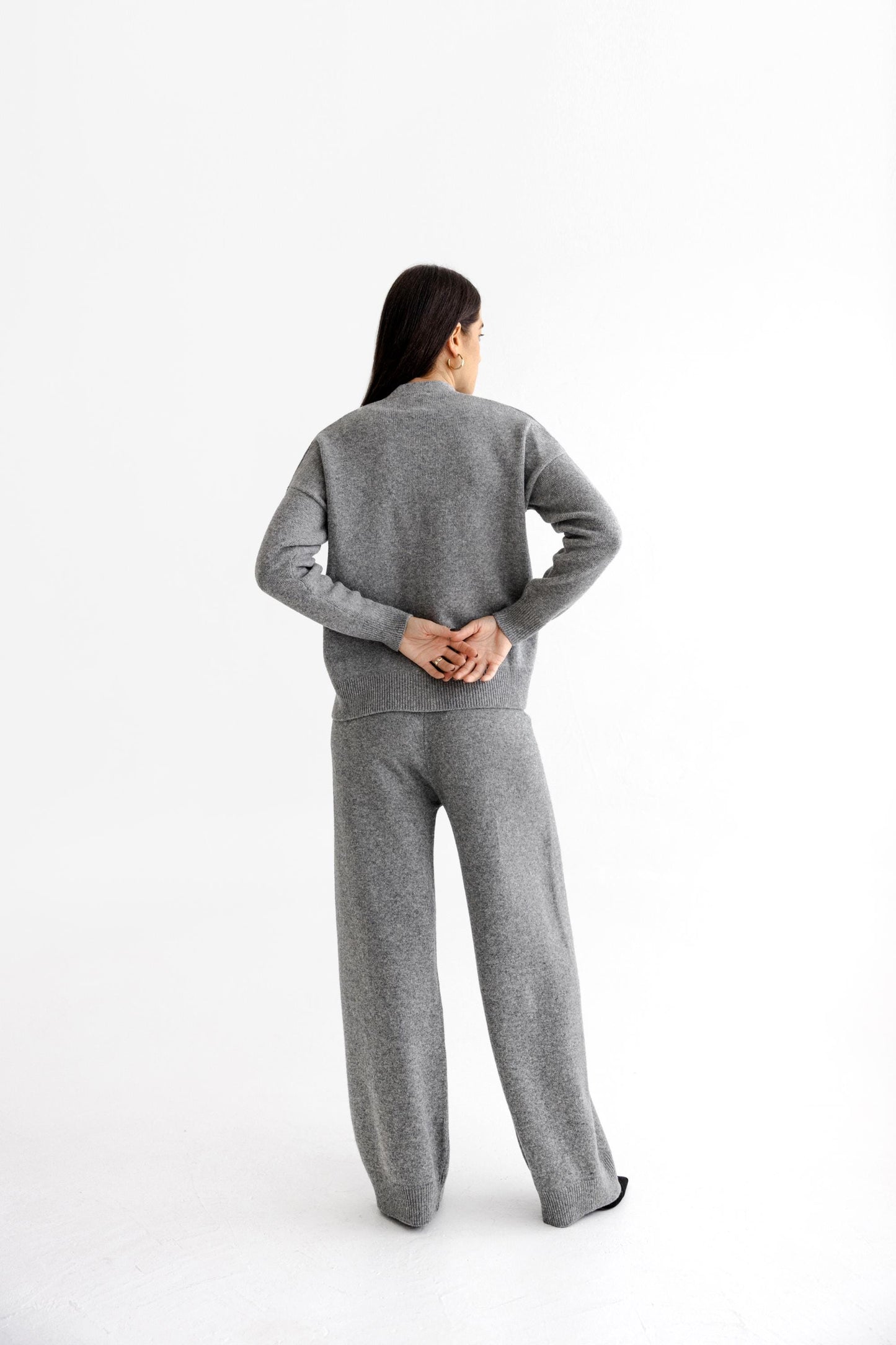 Gray Knitted Merino Wool Cardigan And Trousers Set