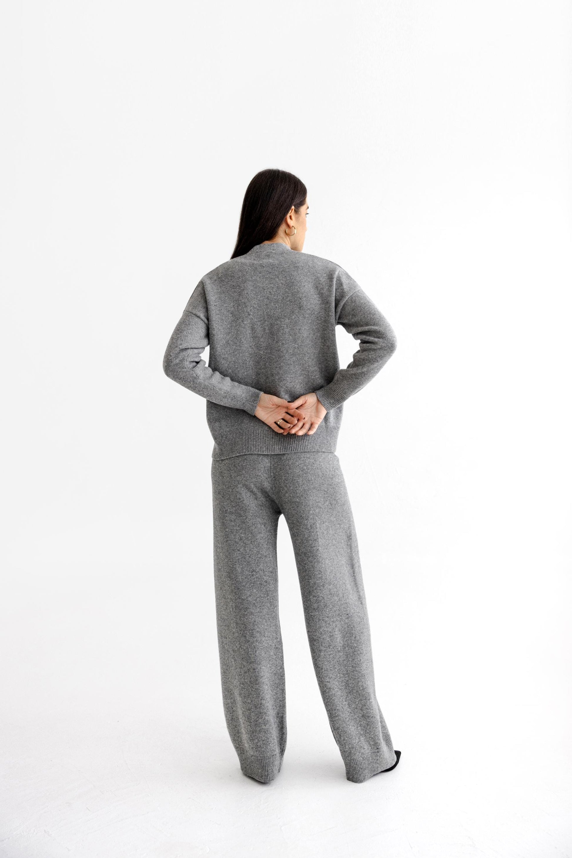 Gray Knitted Merino Wool Cardigan And Trousers Set