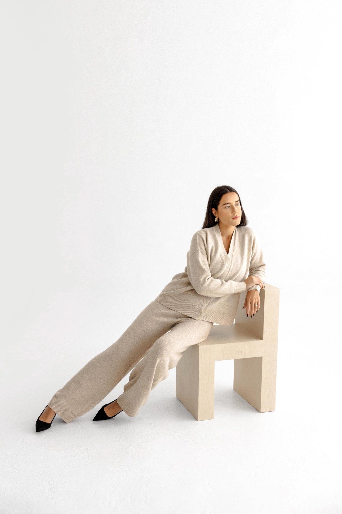 Gray Knitted Merino Wool Cardigan And Trousers Set