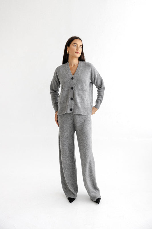 Gray Knitted Merino Wool Cardigan And Trousers Set, Grey Buttoned Women's Knit Cardigan With Pockets And Pants Loungewear Set, Minimal Style