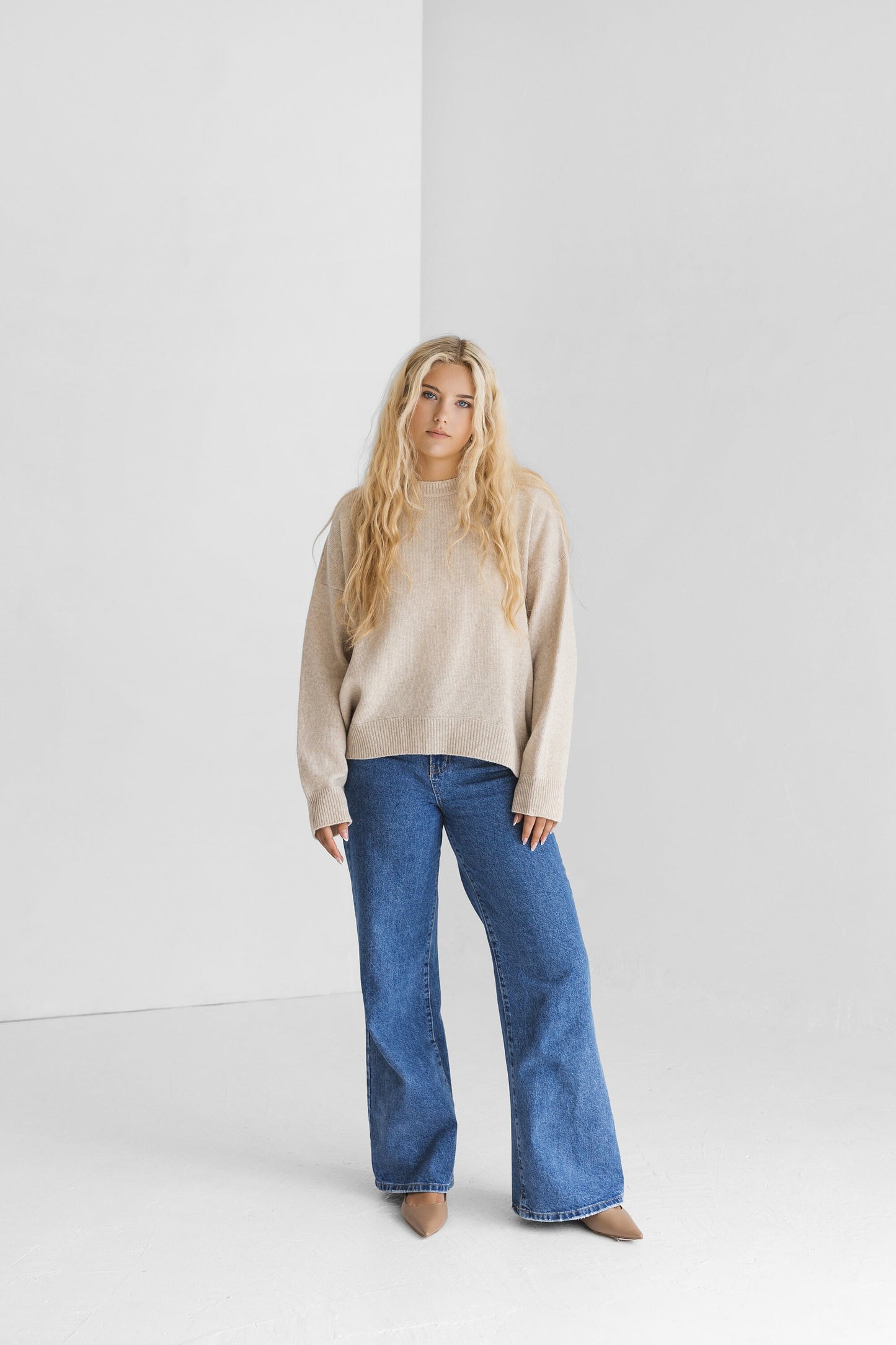 Beige knitted merino wool sweater for women, taupe women&#39;s knit minimalist pullover with longer back, camel minimal jumper, pastel fall pull