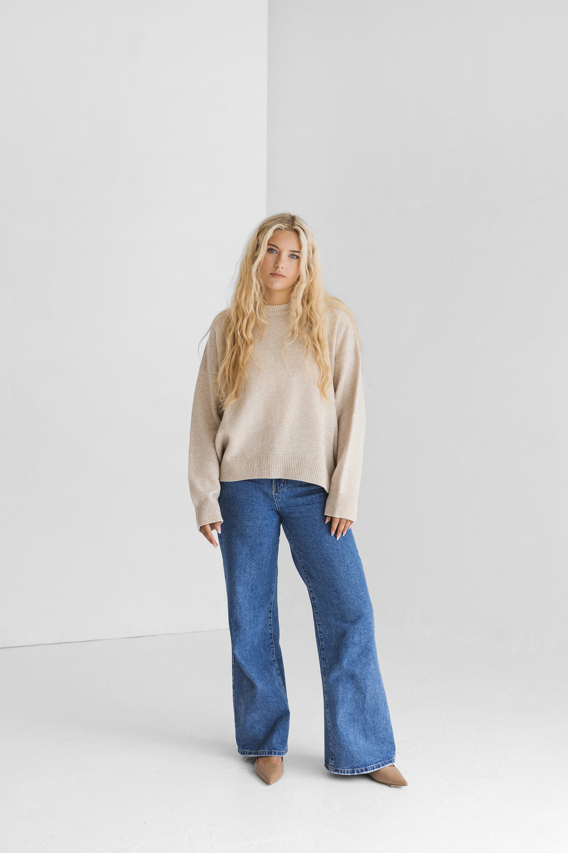 Beige knitted merino wool sweater for women, taupe women&#39;s knit minimalist pullover with longer back, camel minimal jumper, pastel fall pull