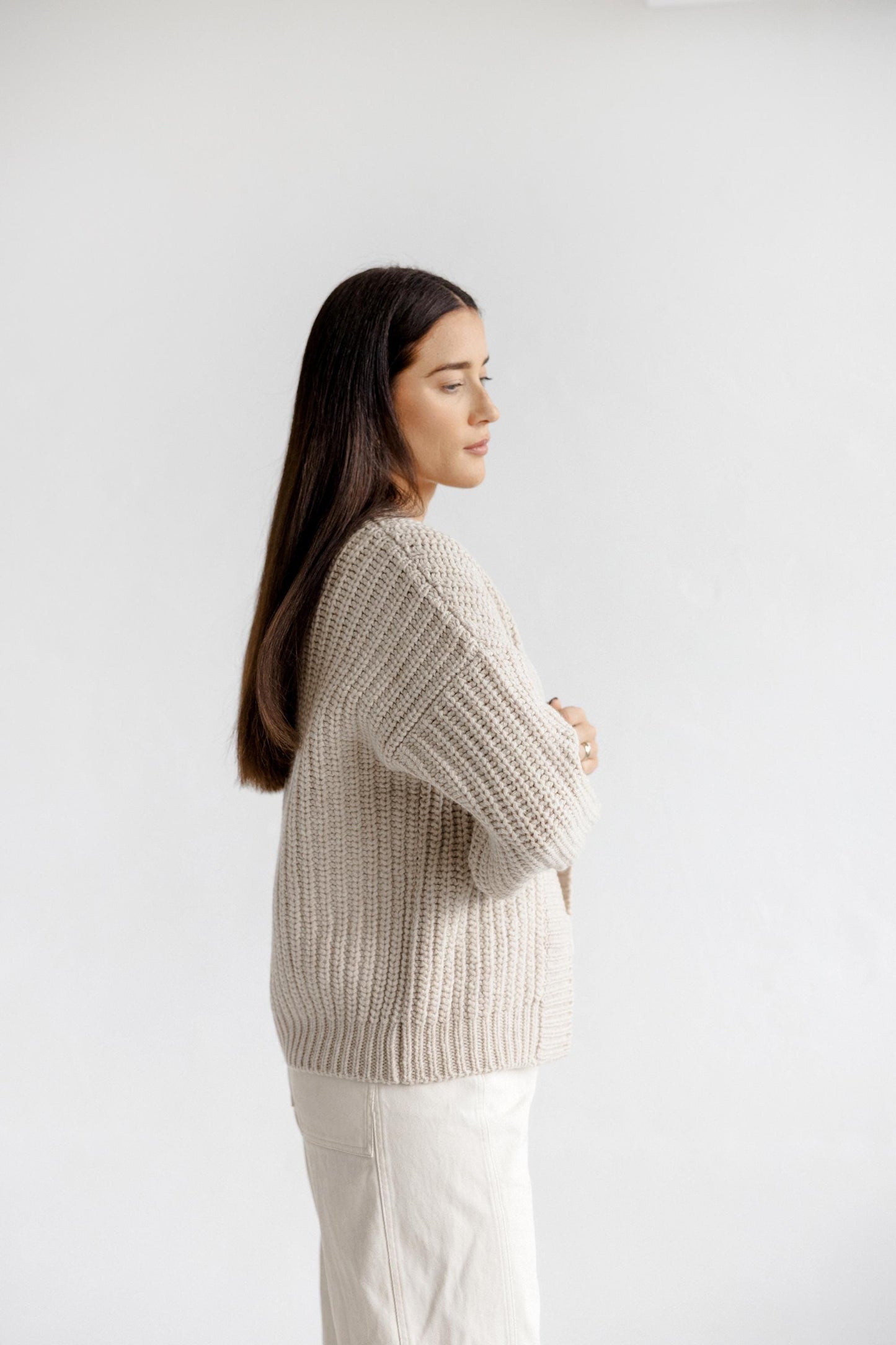 Chunky Knitted Beige Merino Wool Women's Cardigan, Taupe Open Front Cable Knit Woolen Sweater For Women, Nude Minimal Ribbed Bomber Jacket