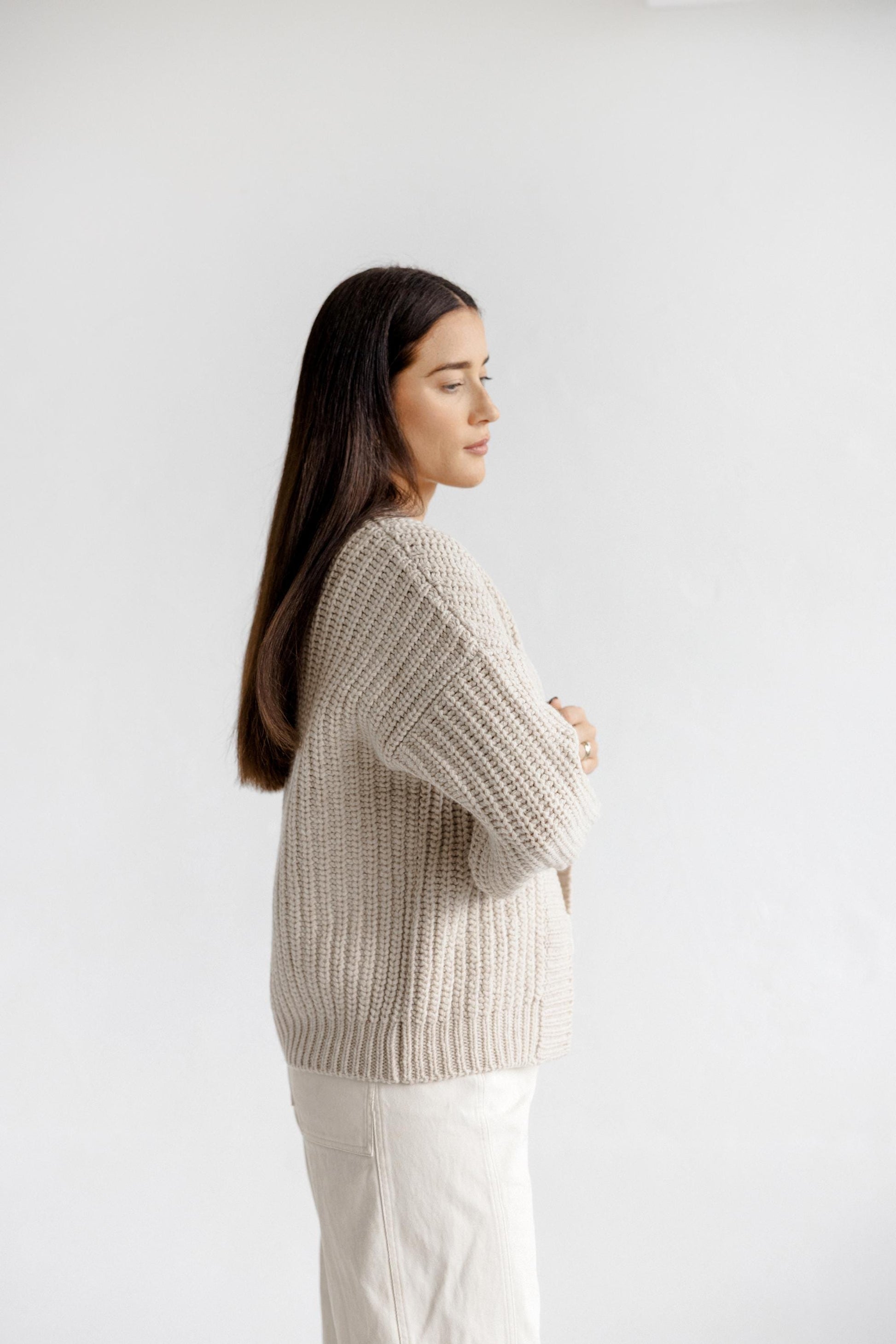 Chunky Knitted Beige Merino Wool Women's Cardigan, Taupe Open Front Cable Knit Woolen Sweater For Women, Nude Minimal Ribbed Bomber Jacket