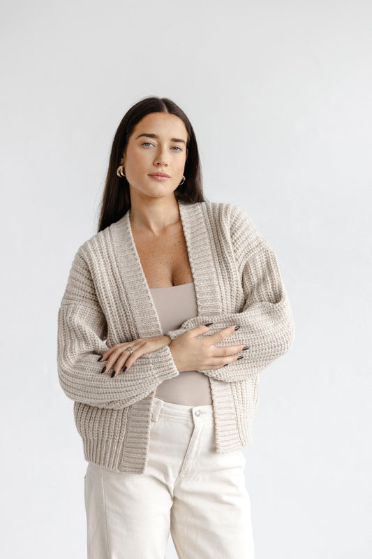 Chunky Knitted Beige Merino Wool Women's Cardigan, Taupe Open Front Cable Knit Woolen Sweater For Women, Nude Minimal Ribbed Bomber Jacket