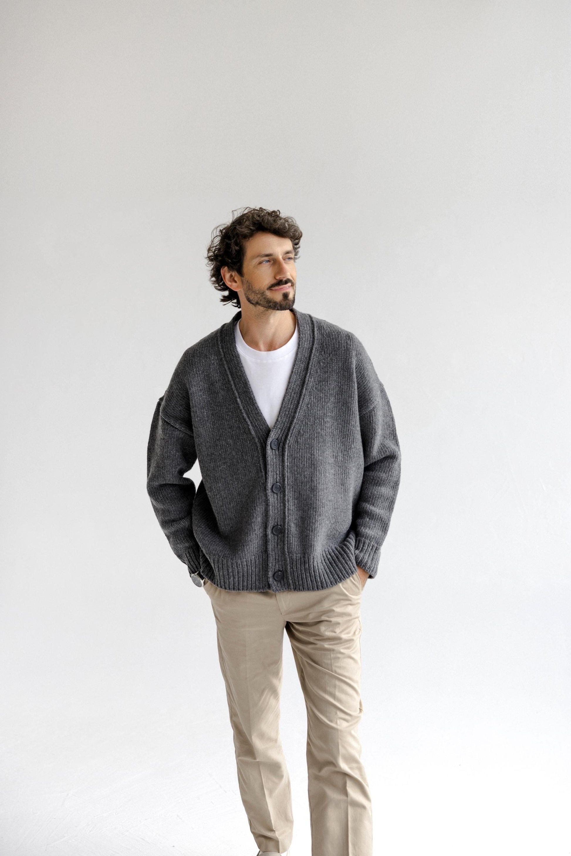 Gray Cgunky Knit Merino Wool Cardigan With Buttons And Pockets For Man, Grey Cable Knitted Scandinavian Style Men's Sweater, Gift For Him