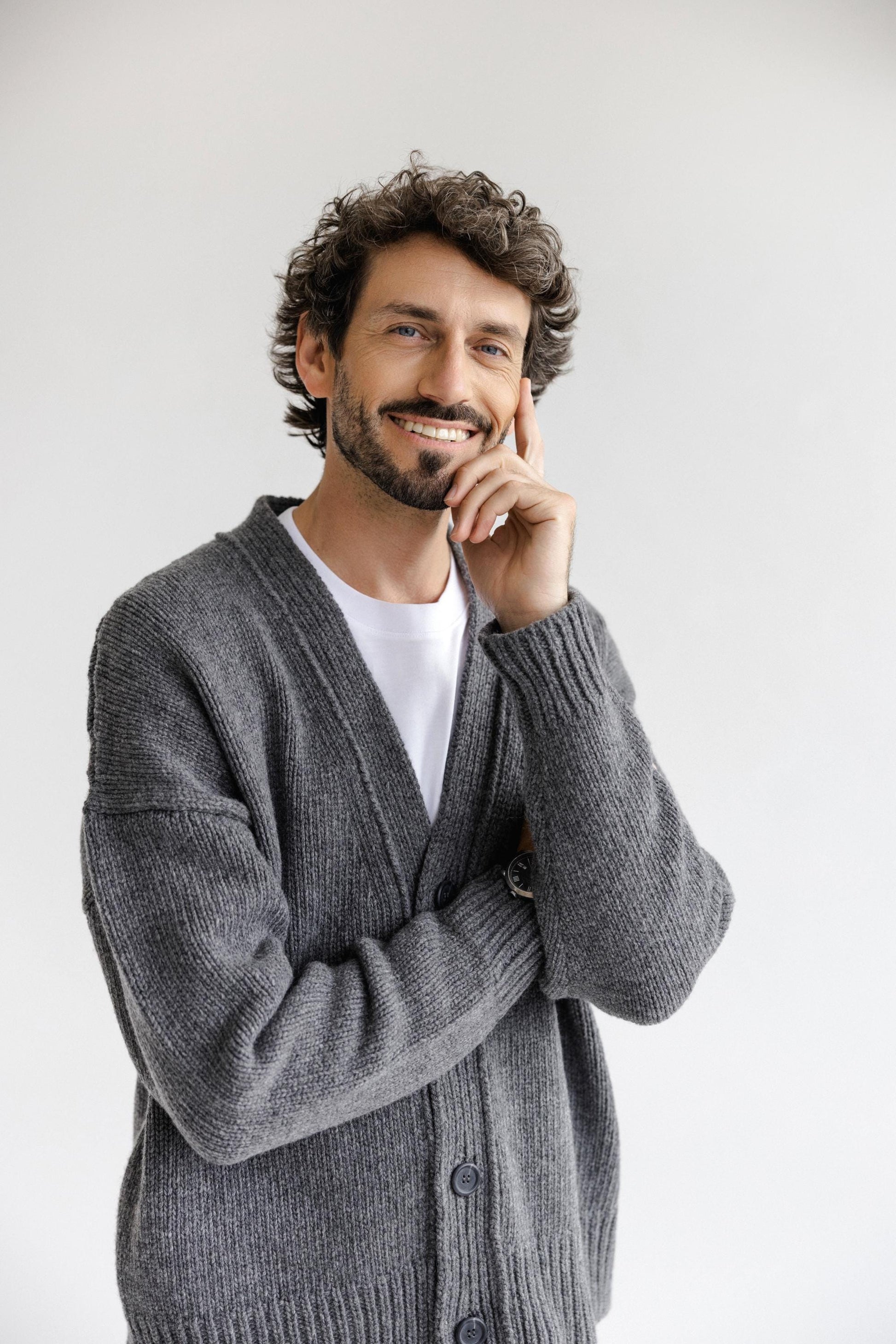 Gray Cgunky Knit Merino Wool Cardigan With Buttons And Pockets For Man, Grey Cable Knitted Scandinavian Style Men's Sweater, Gift For Him