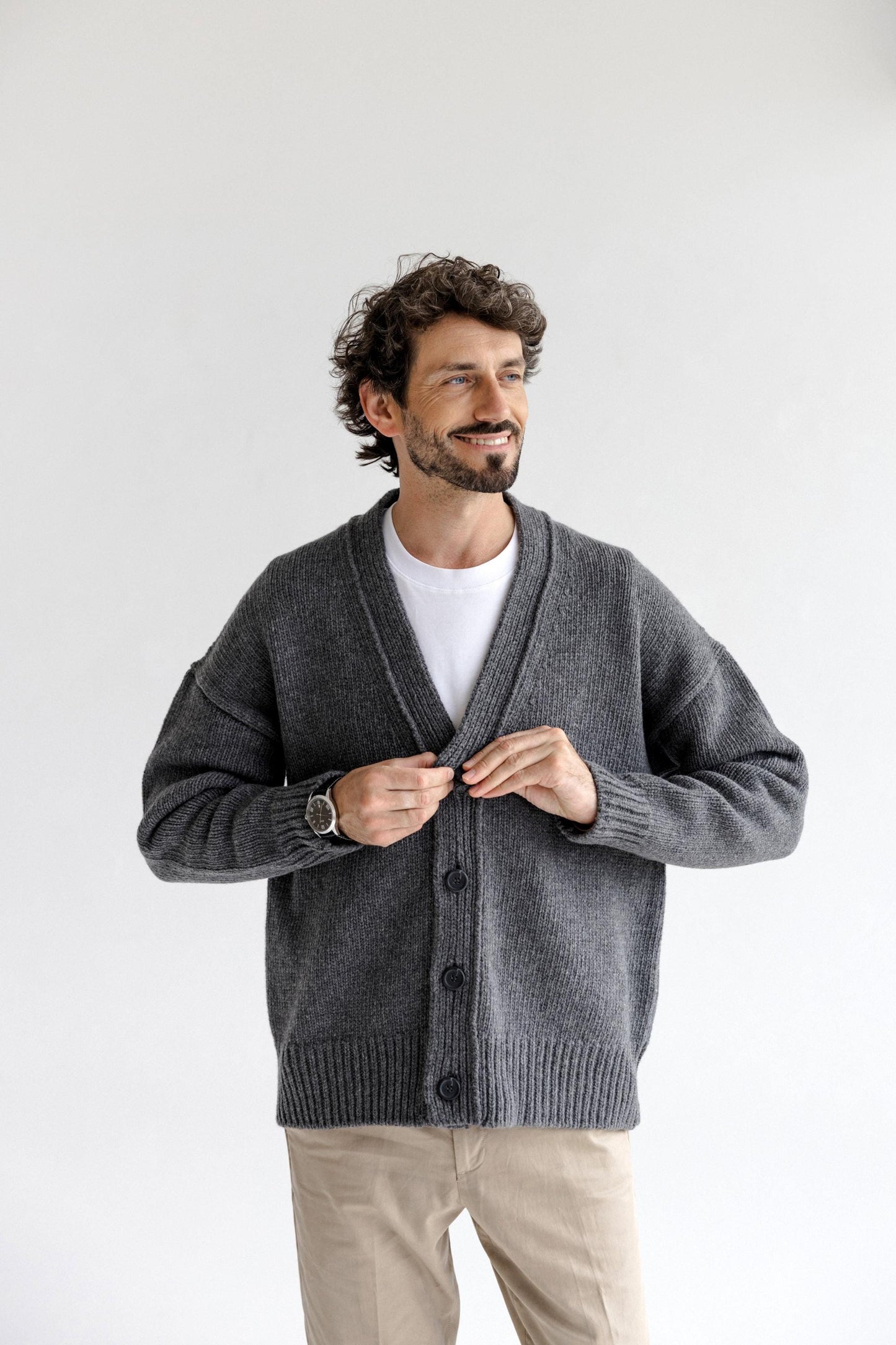Gray Cgunky Knit Merino Wool Cardigan With Buttons And Pockets For Man, Grey Cable Knitted Scandinavian Style Men's Sweater, Gift For Him