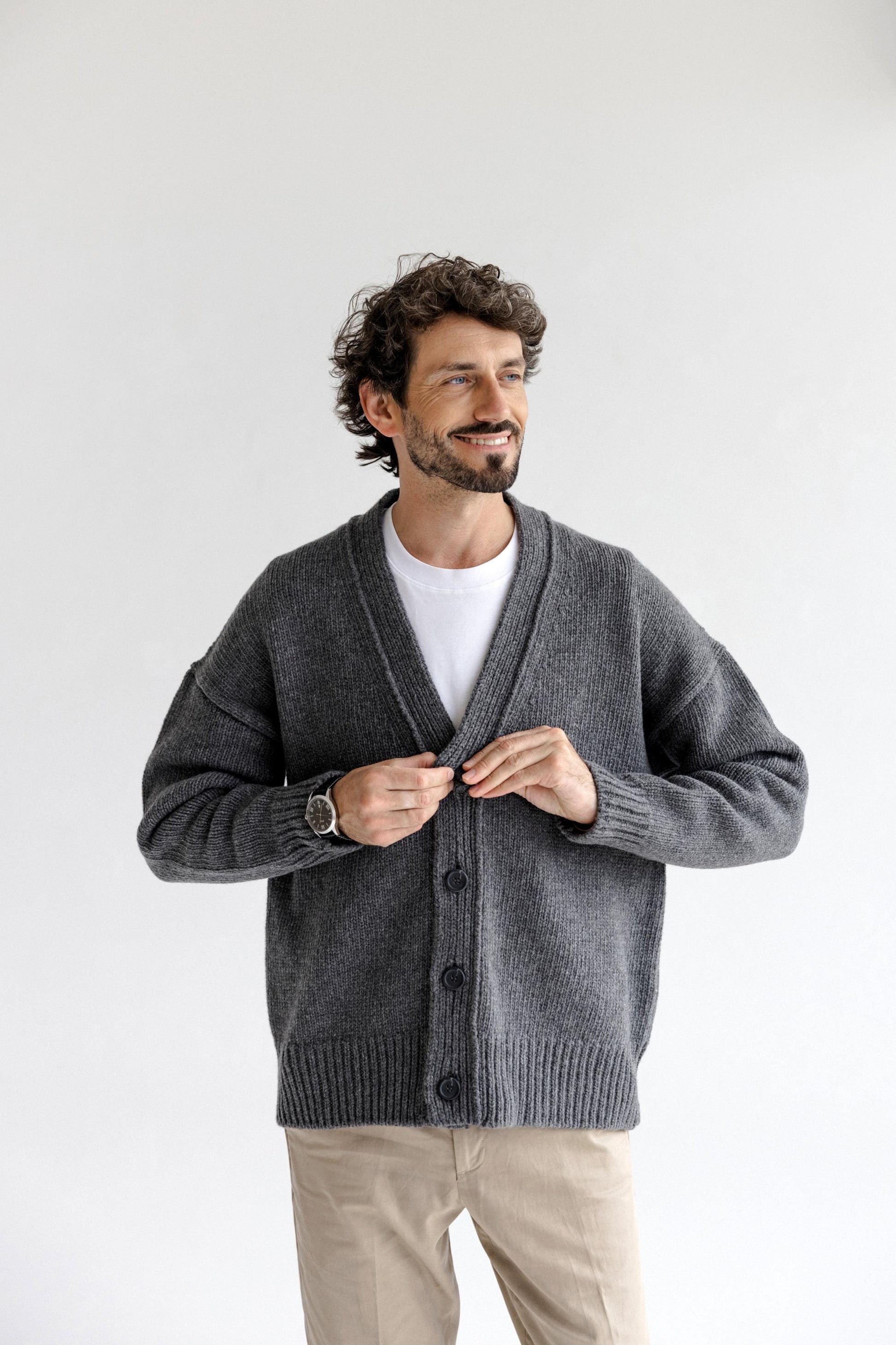 Gray Cgunky Knit Merino Wool Cardigan With Buttons And Pockets For Man, Grey Cable Knitted Scandinavian Style Men's Sweater, Gift For Him
