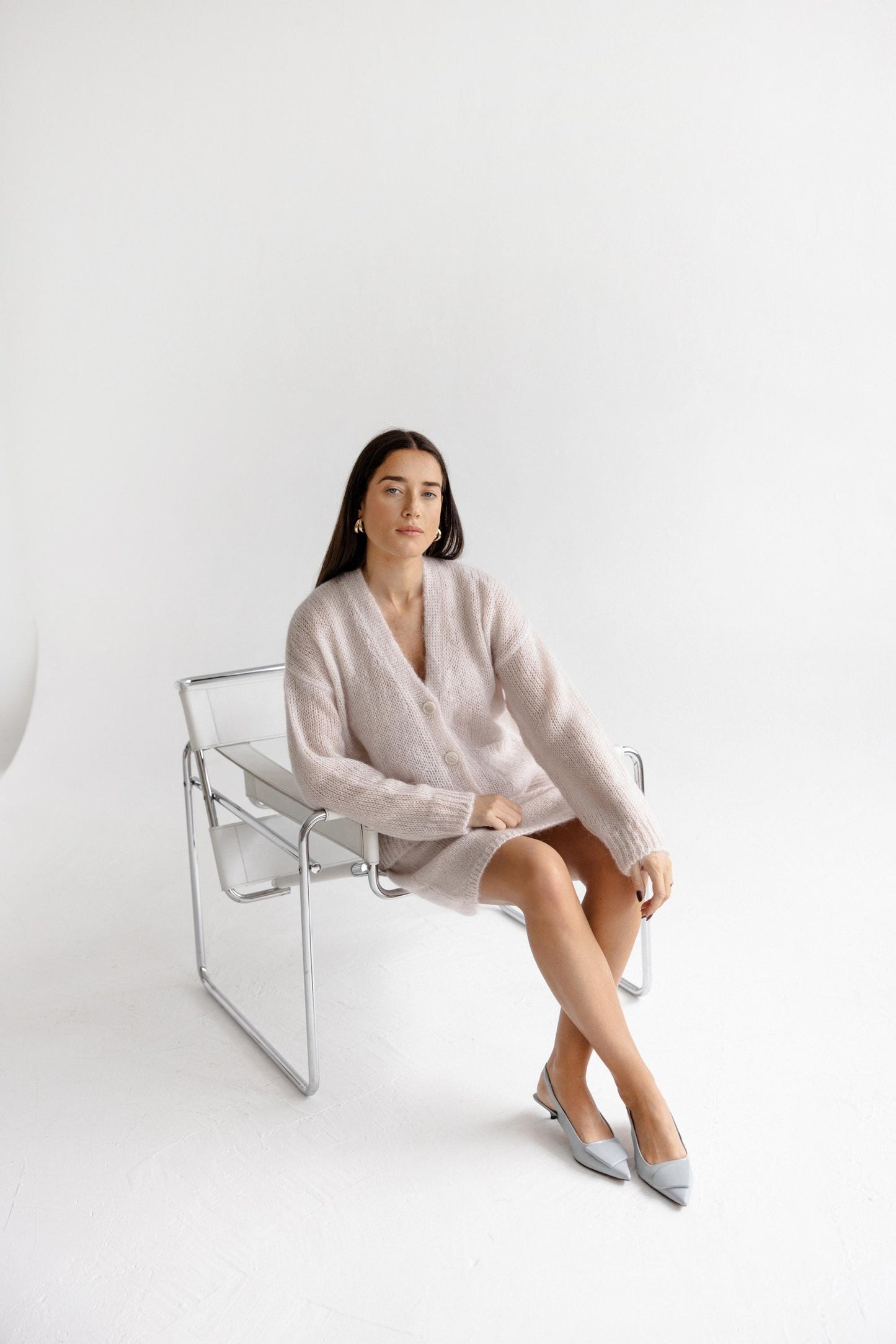 Fluffy Cable Knit Mohair Cardigan With Pockets And Buttons, Fuzzy Lightweight Pastel Pink Minimal Style Buttoned V-neck Jacket For Women