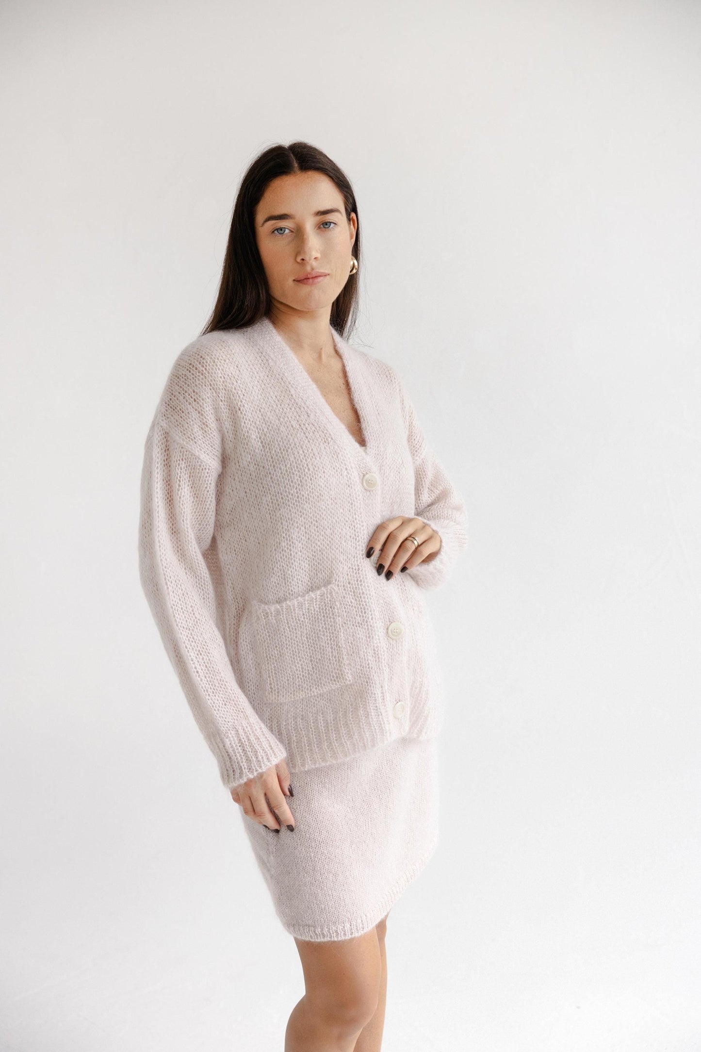 Fluffy Cable Knit Mohair Cardigan With Pockets And Buttons, Fuzzy Lightweight Pastel Pink Minimal Style Buttoned V-neck Jacket For Women