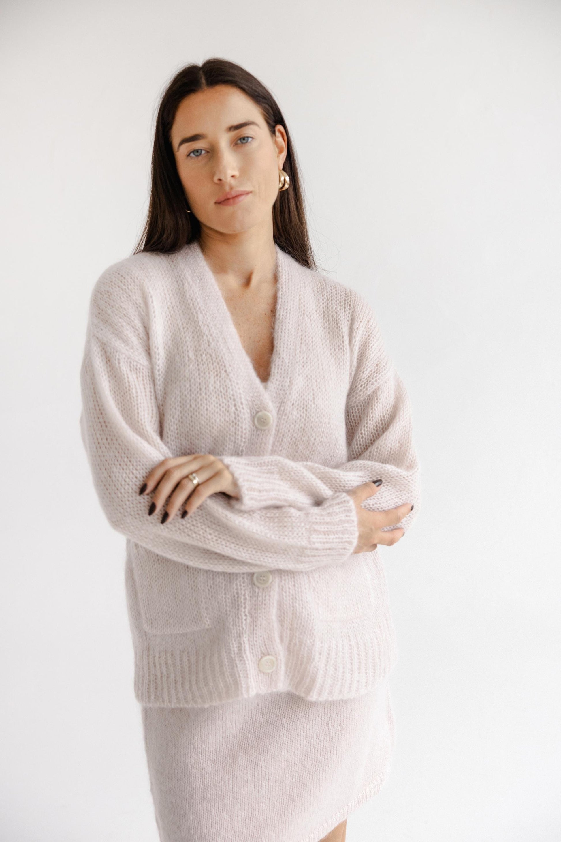 Fluffy Cable Knit Mohair Cardigan With Pockets And Buttons, Fuzzy Lightweight Pastel Pink Minimal Style Buttoned V-neck Jacket For Women
