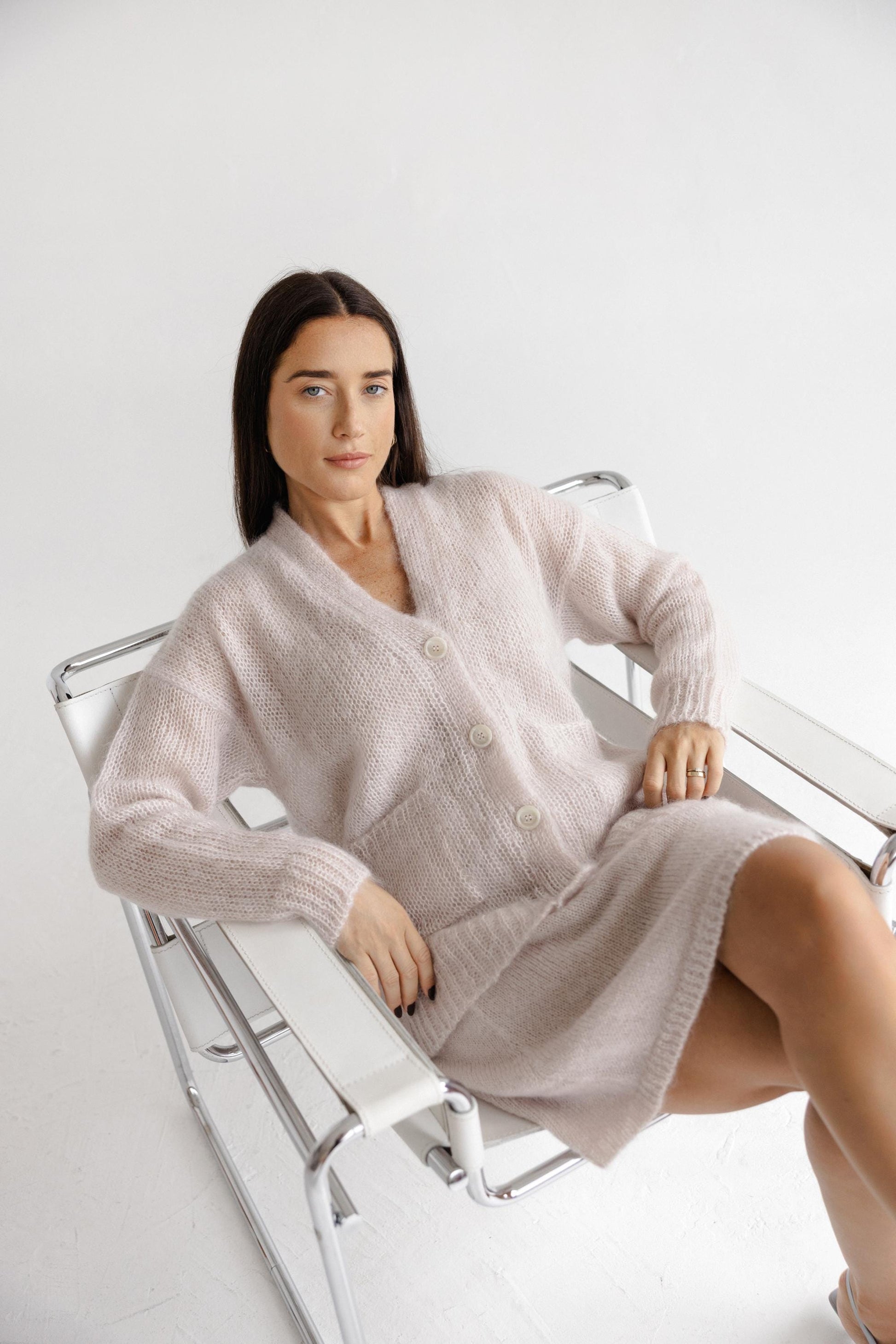 Fluffy Cable Knit Mohair Cardigan With Pockets And Buttons, Fuzzy Lightweight Pastel Pink Minimal Style Buttoned V-neck Jacket For Women