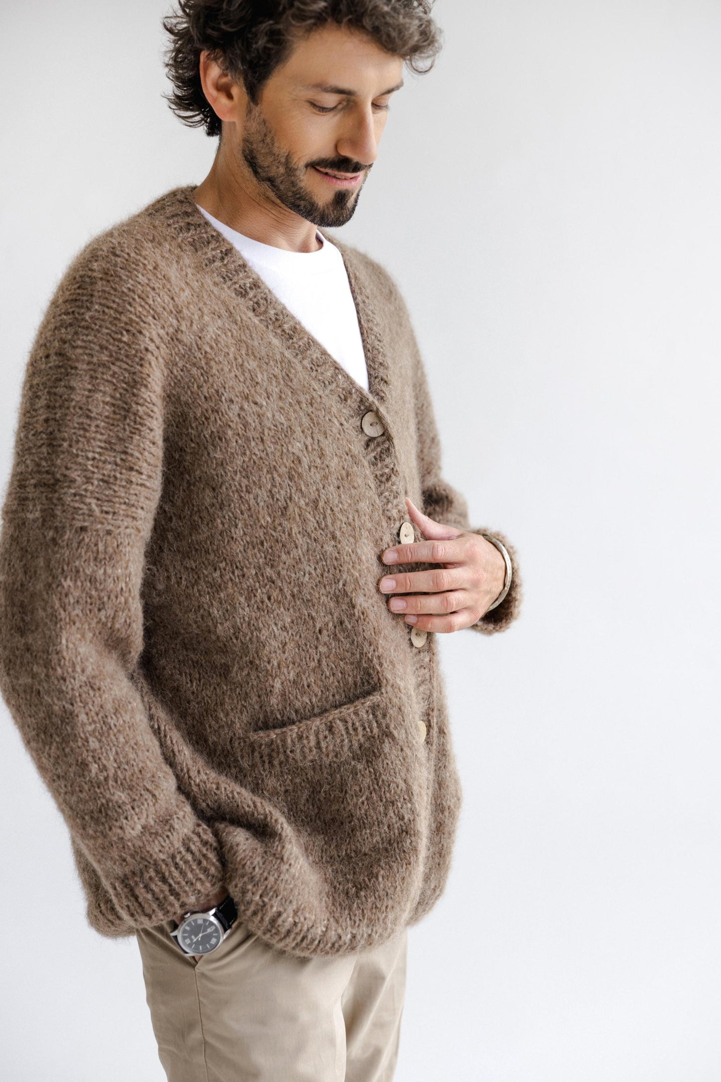 Men's Knitted Beige Alpaca Wool Cardigan, Light Brown Knit Sweater For Man, Handmade Almond Jacket With Buttons And Pockets, Taupe Sweater