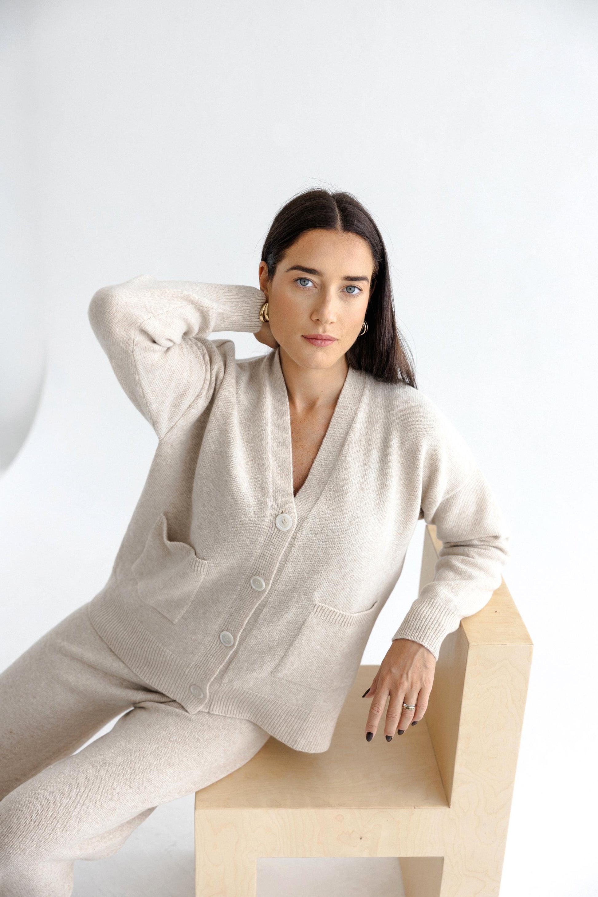 Camel Knitted Merino Wool Cardigan With Buttons And Pockets, Beige Knit Buttoned Woolen Sweater For Women, V-neck Slightly Oversized Sweater
