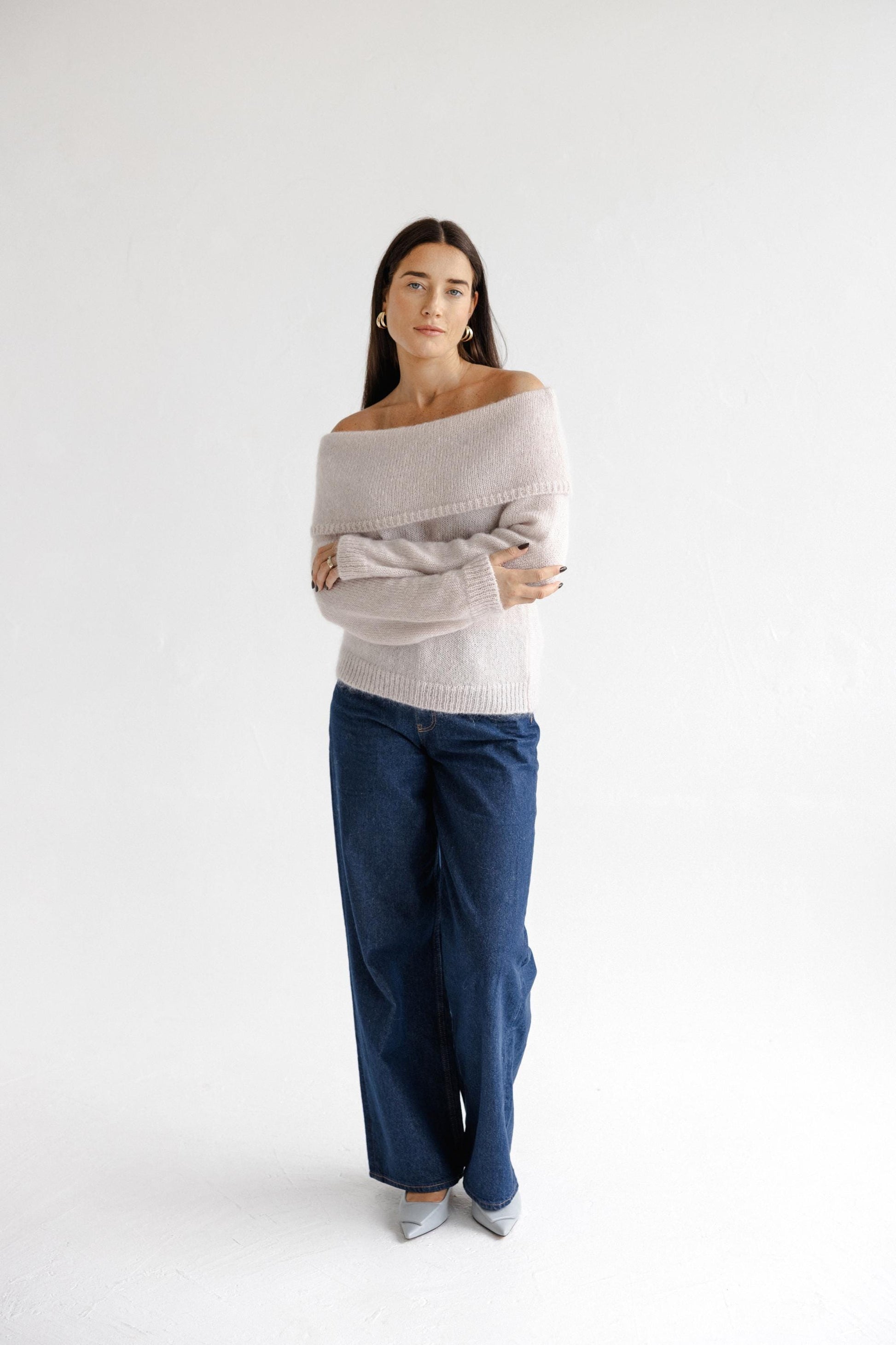 Gray Cable Knit Mohair Fold Over Bardot Jumper