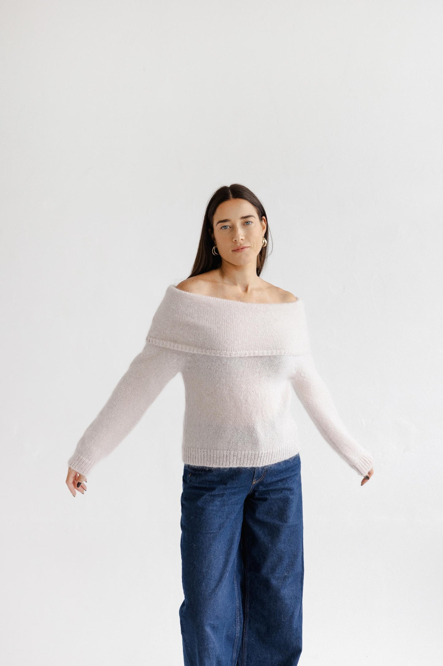 Pink Cable Knit Mohair Fold Over Bardot Jumper