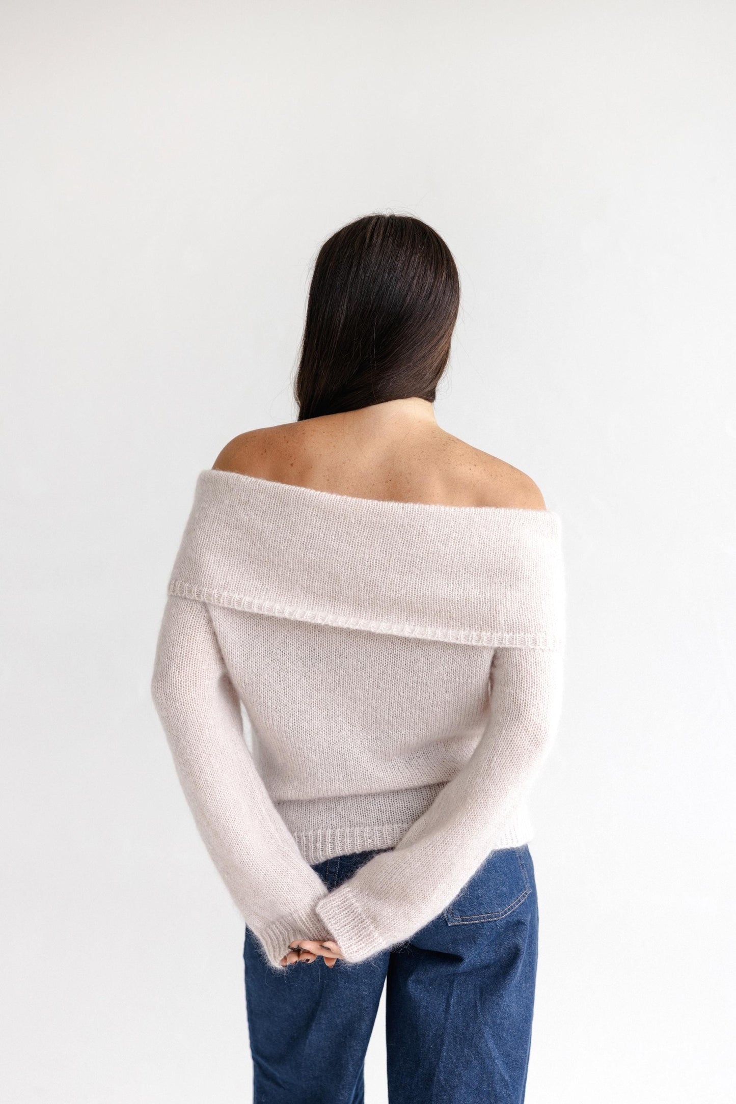 Pink Cable Knit Mohair Fold Over Bardot Jumper