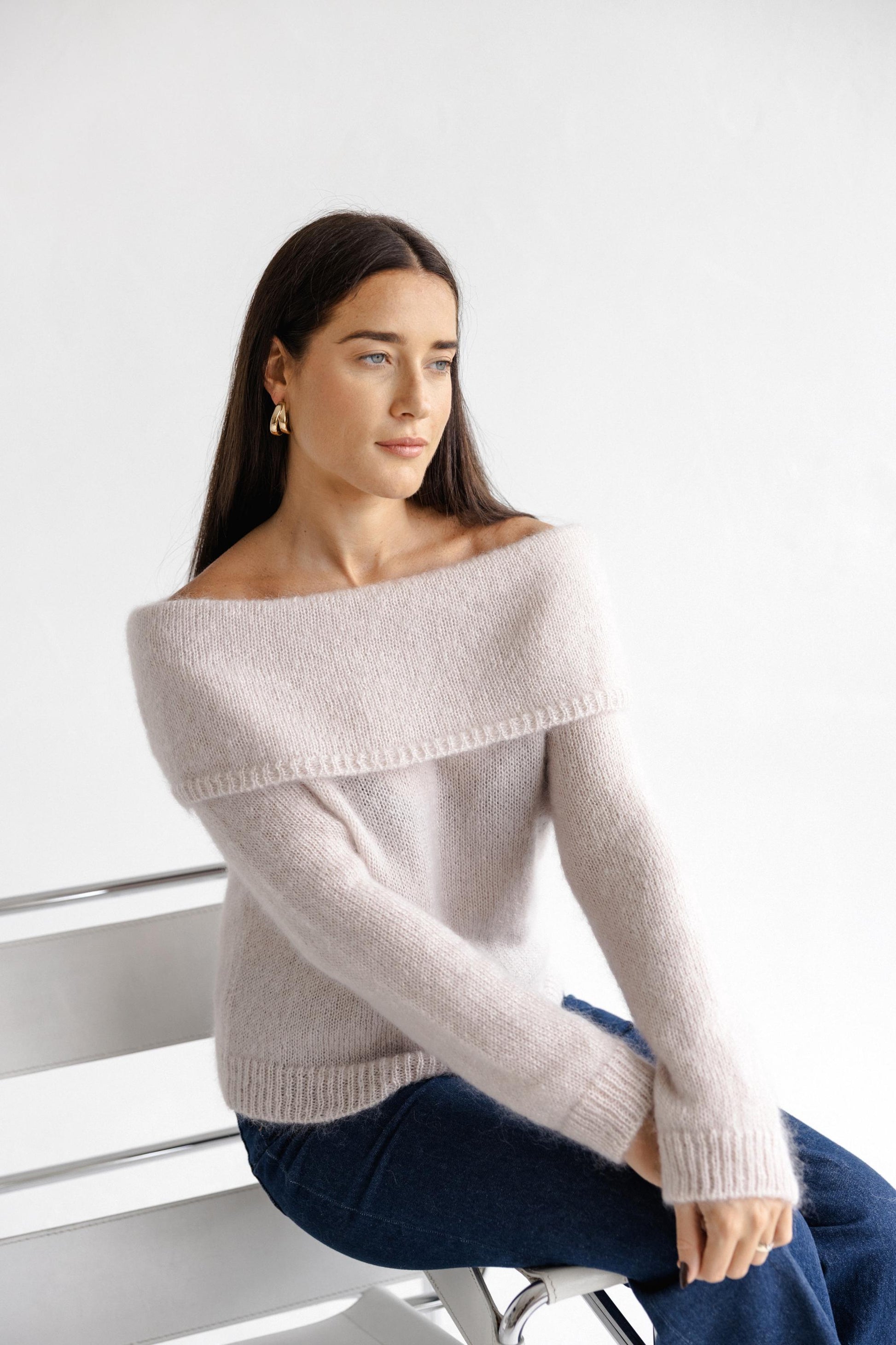 Pink Cable Knit Off-Shoulder Sweater Slouchy Fold-Over Bardot Jumper, Fluffy Mohair Wool Pullover, Pastel Chunky Fuzzy Knit for Women