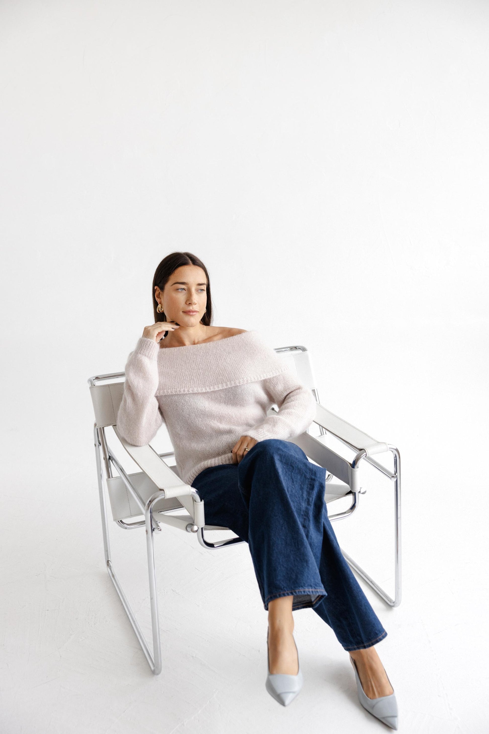 Pink Cable Knit Off-Shoulder Sweater Slouchy Fold-Over Bardot Jumper, Fluffy Mohair Wool Pullover, Pastel Chunky Fuzzy Knit for Women