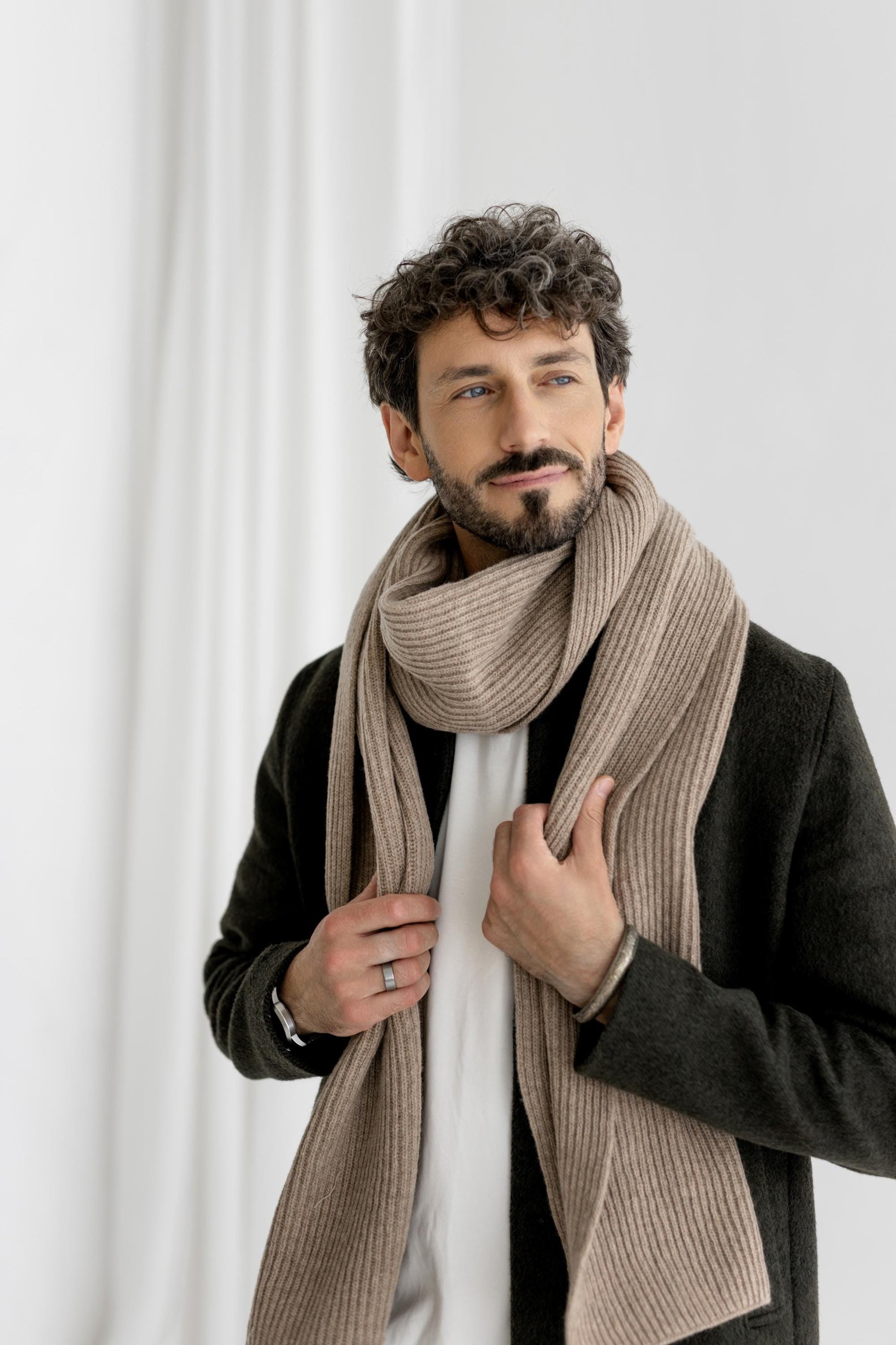 Beige XXL Extra Long Ribbed Knit Merino Wool Winter Scarf For Man, Camel Knitted Minimal Fall Men's Neck Warmer, Taupe Scarves, Gift For Him