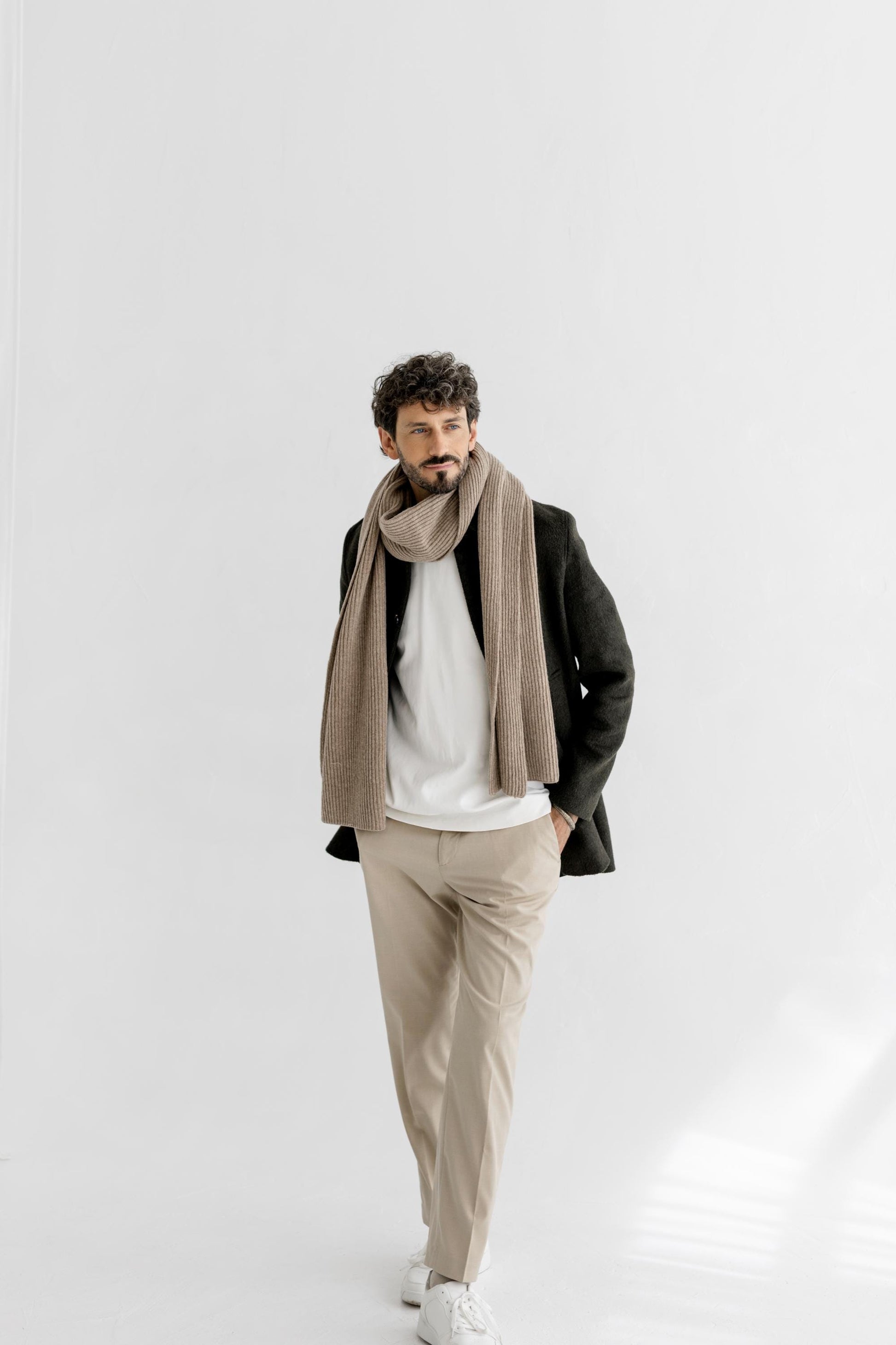 Beige XXL Extra Long Ribbed Knit Merino Wool Winter Scarf For Man, Camel Knitted Minimal Fall Men's Neck Warmer, Taupe Scarves, Gift For Him