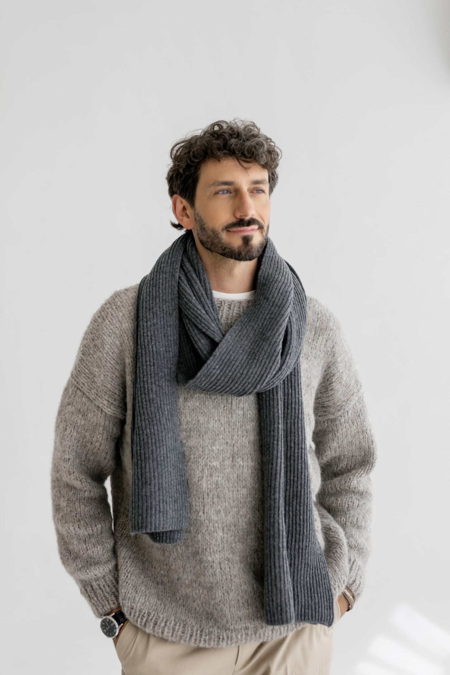 Gray Ribbed Knit Merino Wool Scarf For Man