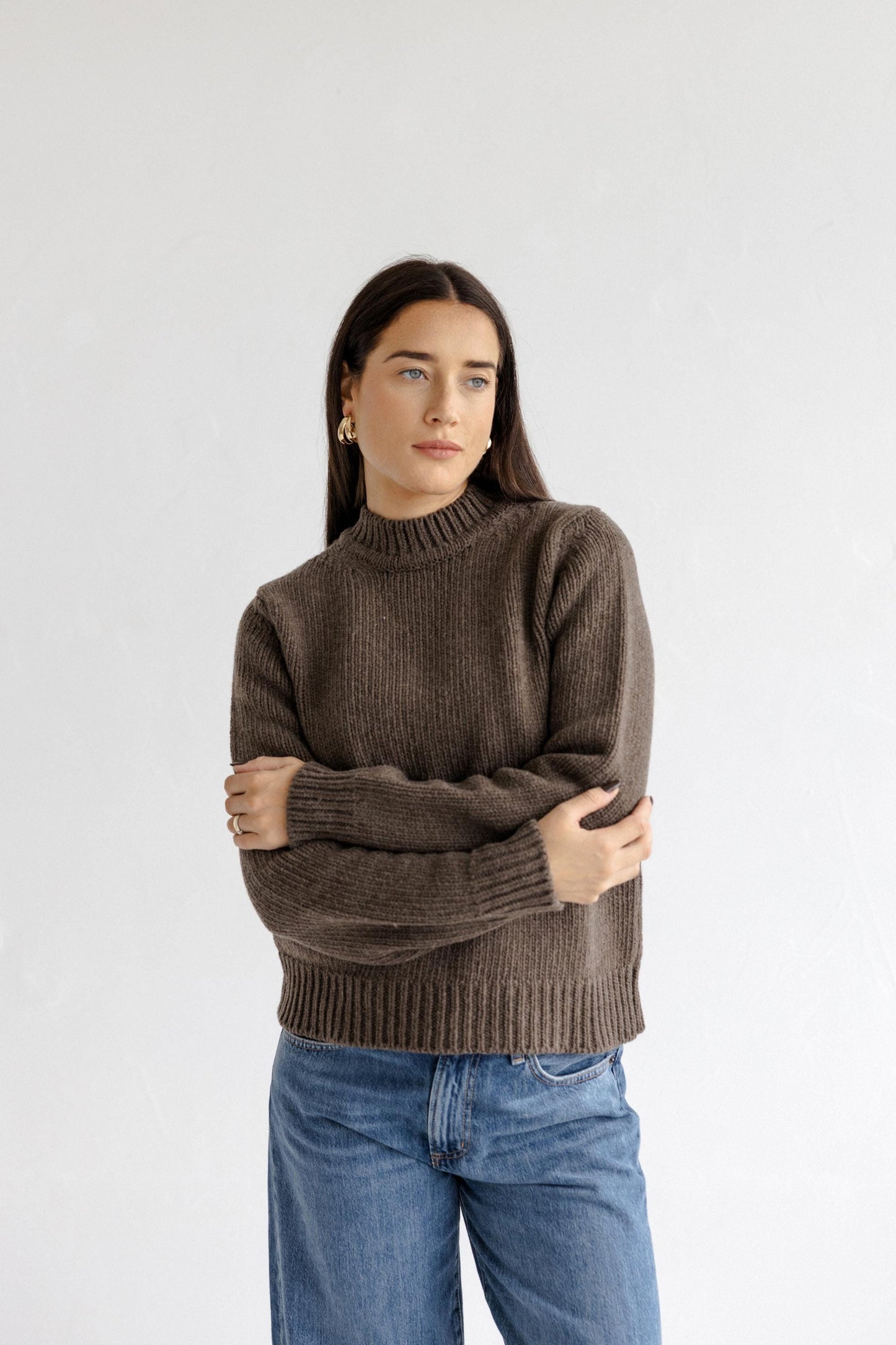 Brown Chunky Knit Merino Wool Women's Sweater, Cable Knitted Woolen Minimal Warm Fall Winter Jumper For Woman, Thick Short Pullover, Gift