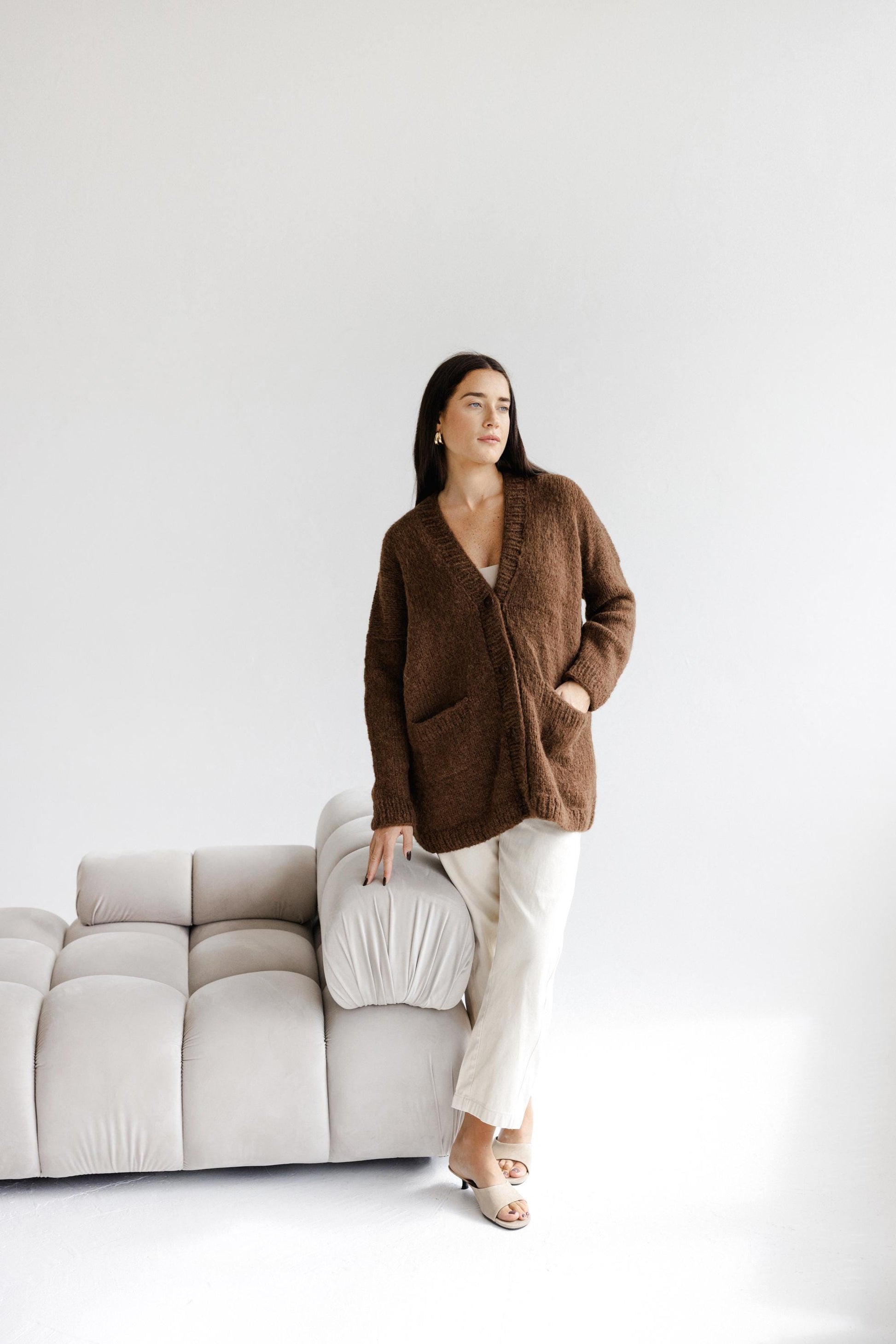 Handmade Brown Cable Knit Alpaca Wool Cardigan With Buttons And Pockets For Woman, Oversized Chunky Knitted Woolen Fall Women's Sweater
