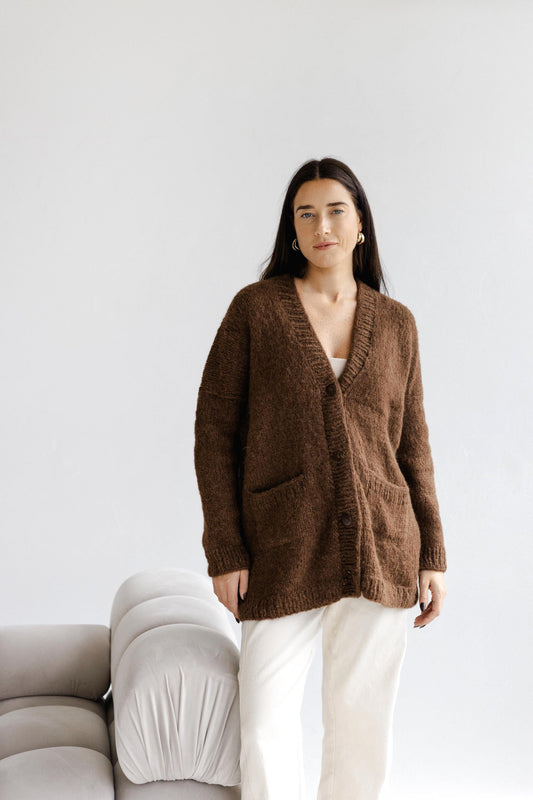 Handmade Brown Cable Knit Alpaca Wool Cardigan With Buttons And Pockets For Woman, Oversized Chunky Knitted Woolen Fall Women's Sweater