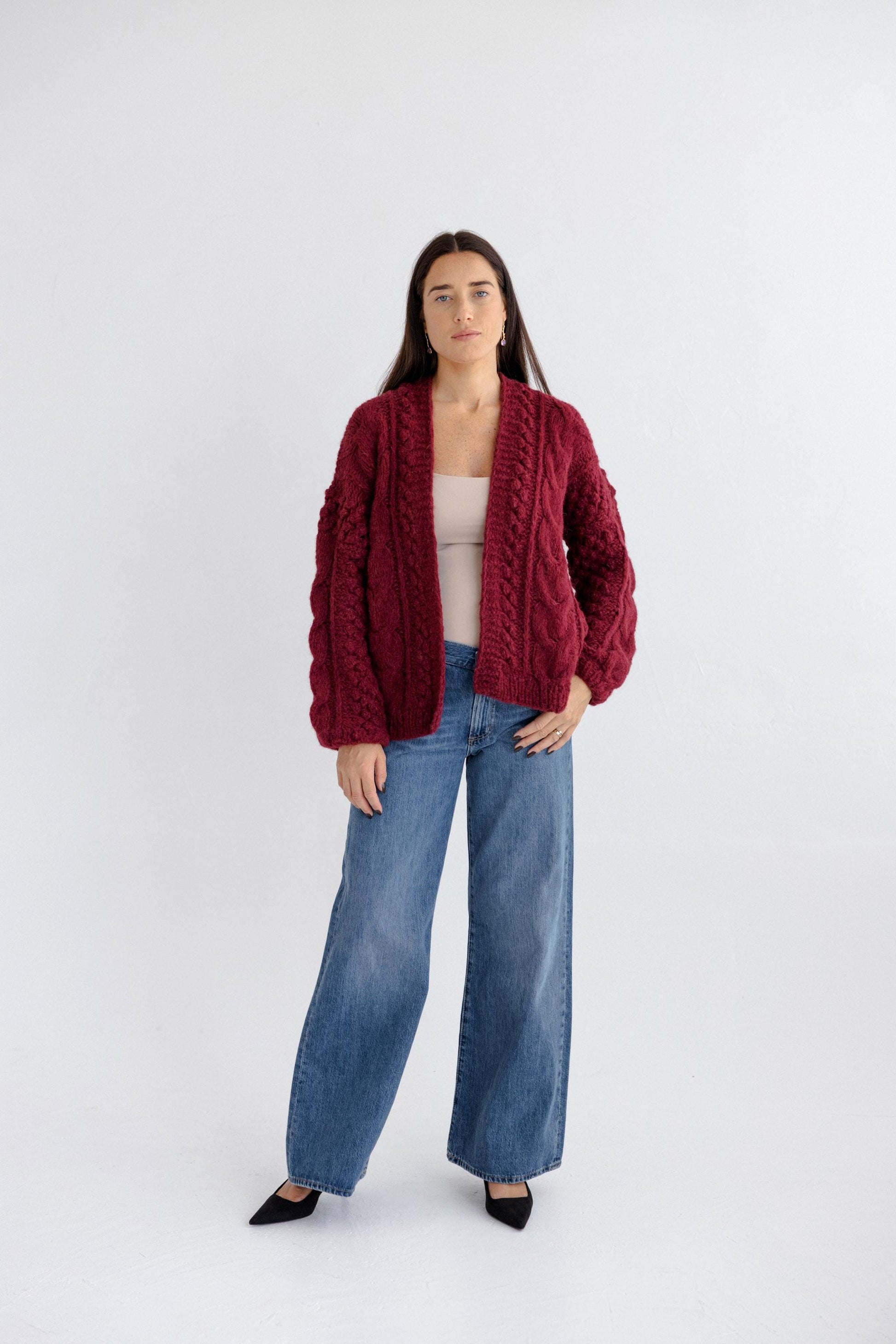 Bordeaux Cable Knit Alpaca Wool Cardigan, Burgundy Chunky Knitted Handmade Woolen Sweater, Blood Red Aran Style Slightly Oversized Cardigan