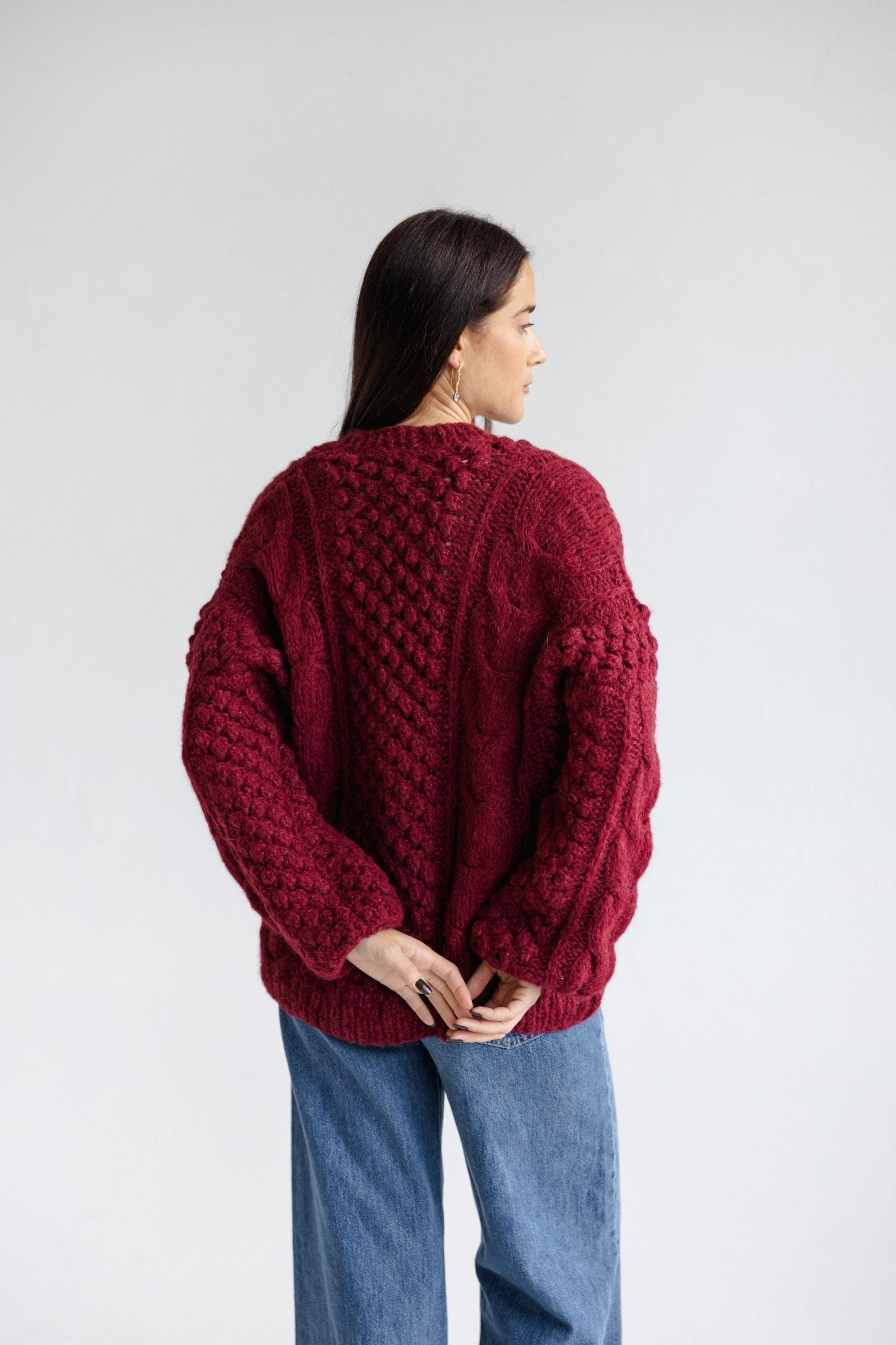 Bordeaux Cable Knit Alpaca Wool Cardigan, Burgundy Chunky Knitted Handmade Woolen Sweater, Blood Red Aran Style Slightly Oversized Cardigan