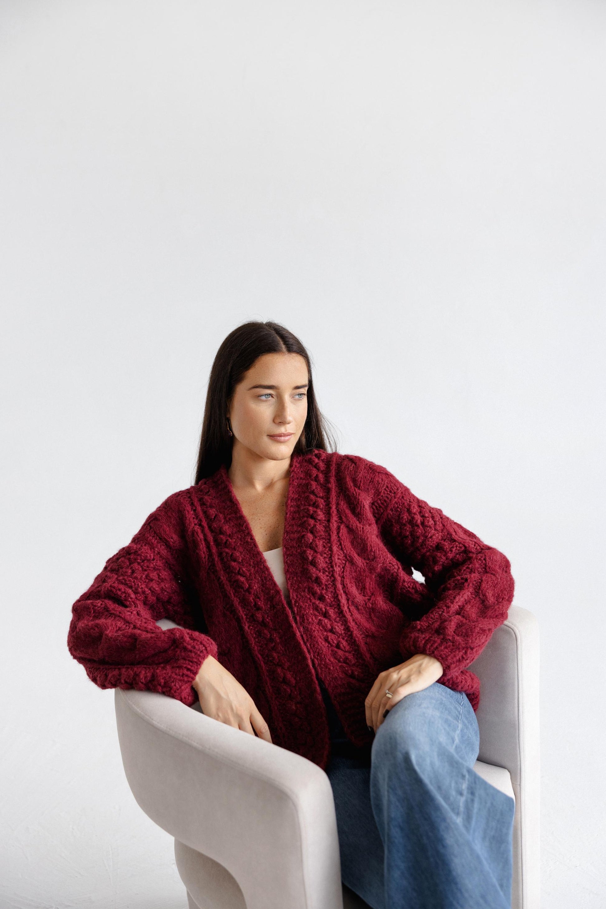 Bordeaux Cable Knit Alpaca Wool Cardigan, Burgundy Chunky Knitted Handmade Woolen Sweater, Blood Red Aran Style Slightly Oversized Cardigan