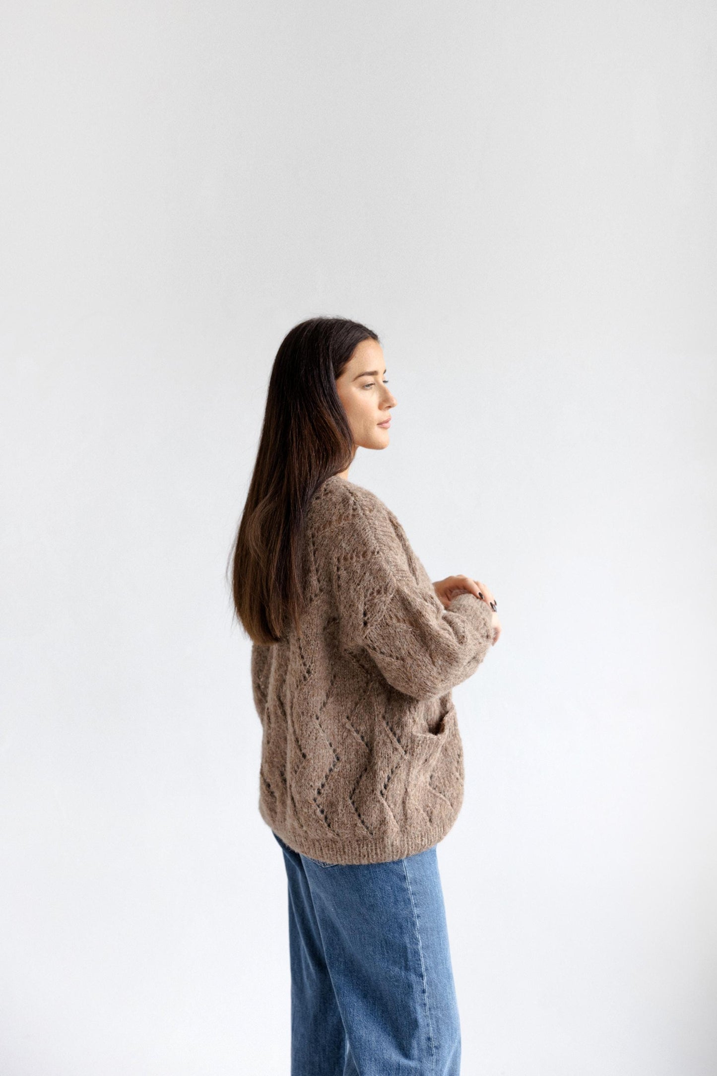 Beige Cable Knit Alpaca Wool Cardigan With Pockets, Taupe Slightly Oversized Hand Knitted Boho Style Women's Fall Strickjacket, Open Front