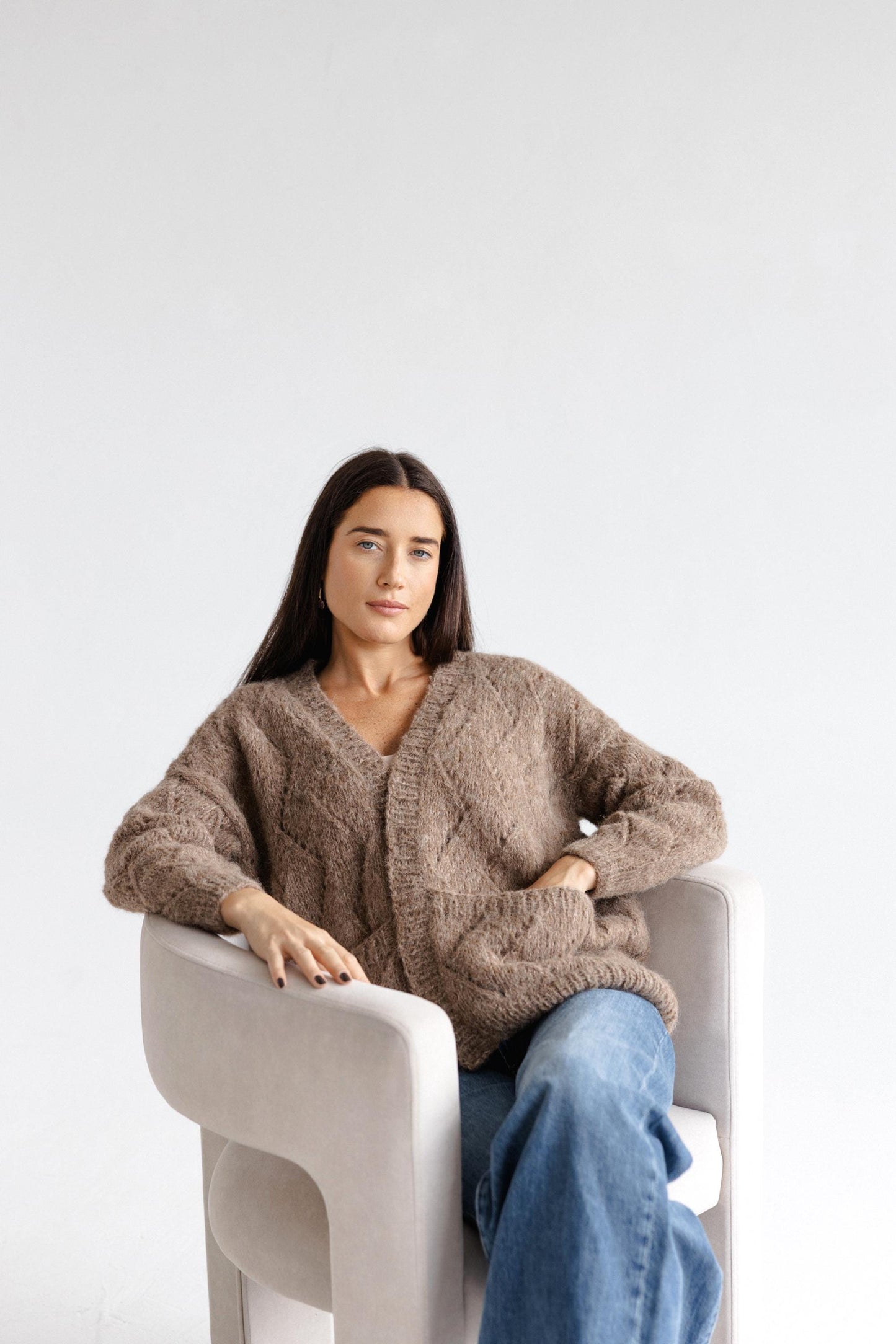 Beige Cable Knit Alpaca Wool Cardigan With Pockets, Taupe Slightly Oversized Hand Knitted Boho Style Women's Fall Strickjacket, Open Front