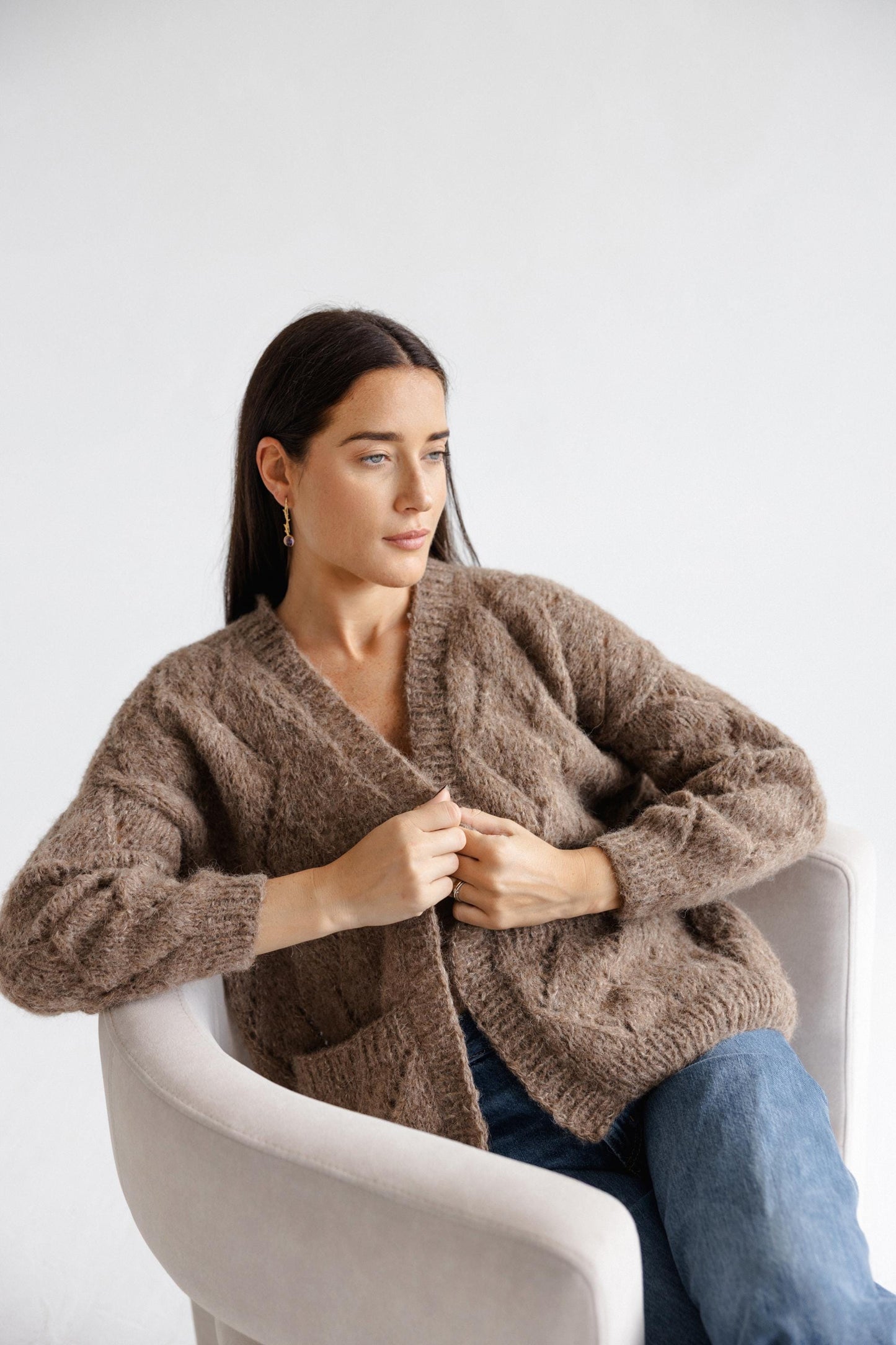 Pink cable knit alpaca cardigan with deep pockets, open front knitted oversize sweater, balloon sleeves, pastel lightweight loose cardigan